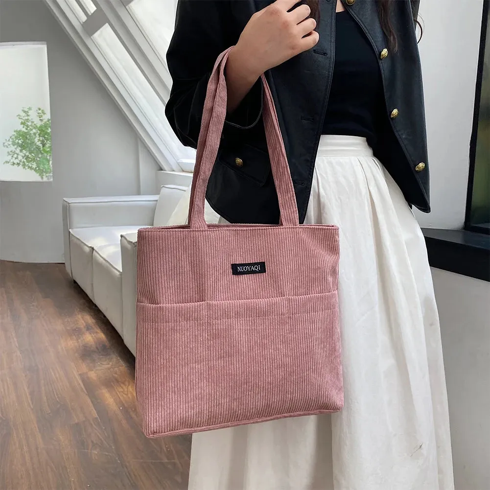 Sohiwoo Corduroy Versatile Tote Handbag Retro Lightweight Underarm Bags Women's Casual Shopping Bags Large Capacity Ladies Shoulder Bags