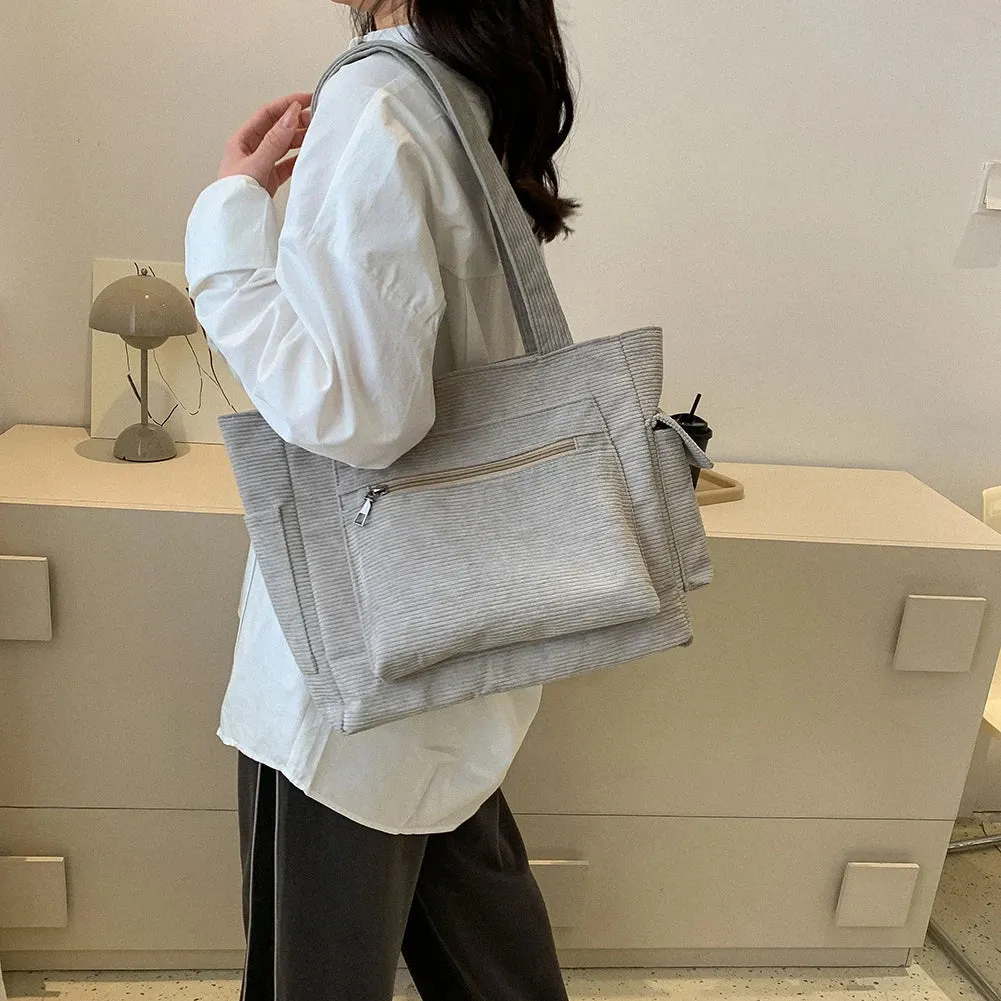 Sohiwoo Corduroy Versatile Tote Handbag Retro Lightweight Underarm Bags Women's Casual Shopping Bags Large Capacity Ladies Shoulder Bags