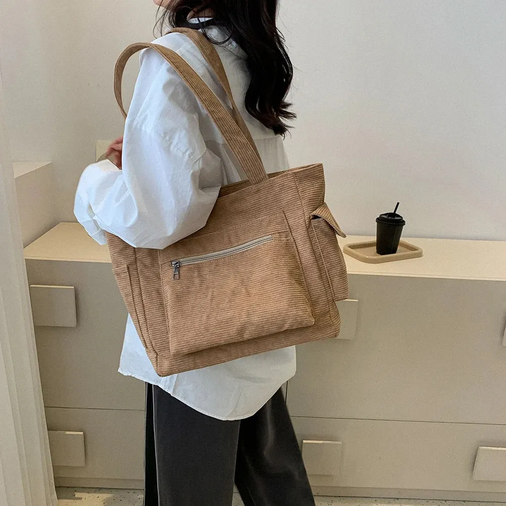 Sohiwoo Corduroy Versatile Tote Handbag Retro Lightweight Underarm Bags Women's Casual Shopping Bags Large Capacity Ladies Shoulder Bags