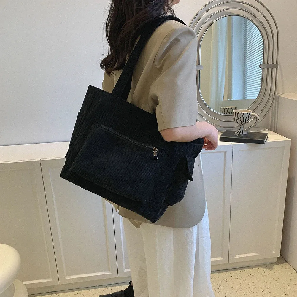 Sohiwoo Corduroy Versatile Tote Handbag Retro Lightweight Underarm Bags Women's Casual Shopping Bags Large Capacity Ladies Shoulder Bags