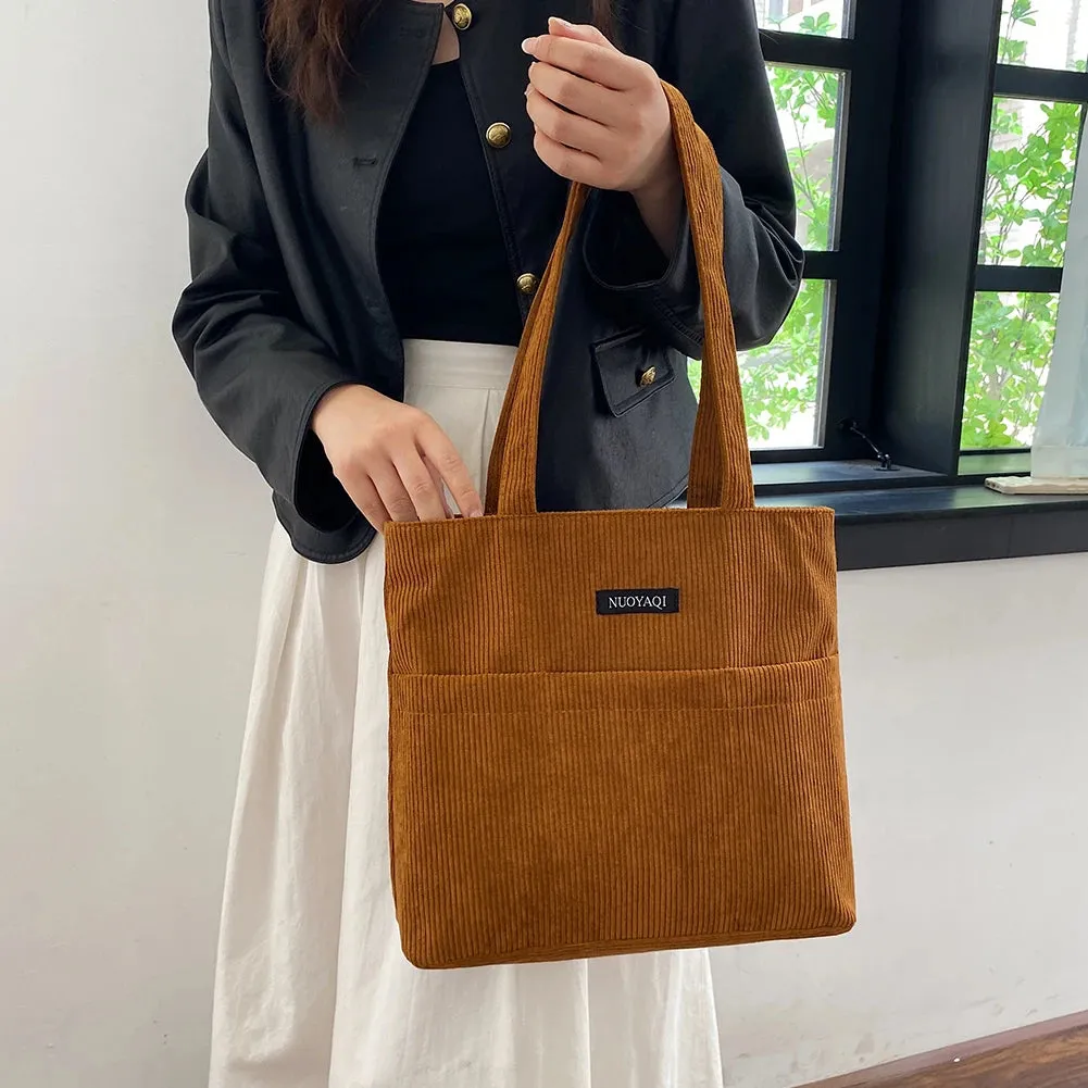 Sohiwoo Corduroy Versatile Tote Handbag Retro Lightweight Underarm Bags Women's Casual Shopping Bags Large Capacity Ladies Shoulder Bags