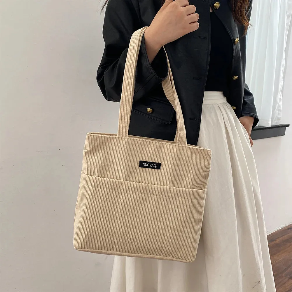 Sohiwoo Corduroy Versatile Tote Handbag Retro Lightweight Underarm Bags Women's Casual Shopping Bags Large Capacity Ladies Shoulder Bags