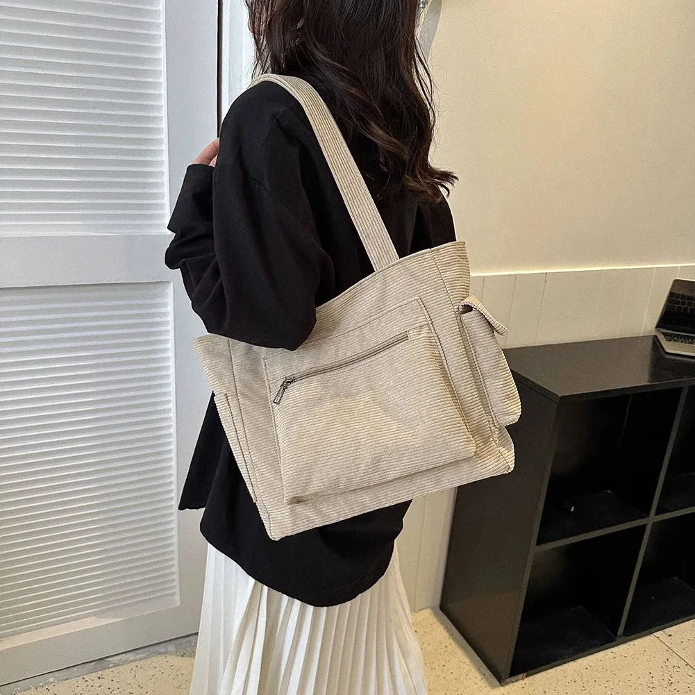 Sohiwoo Corduroy Versatile Tote Handbag Retro Lightweight Underarm Bags Women's Casual Shopping Bags Large Capacity Ladies Shoulder Bags