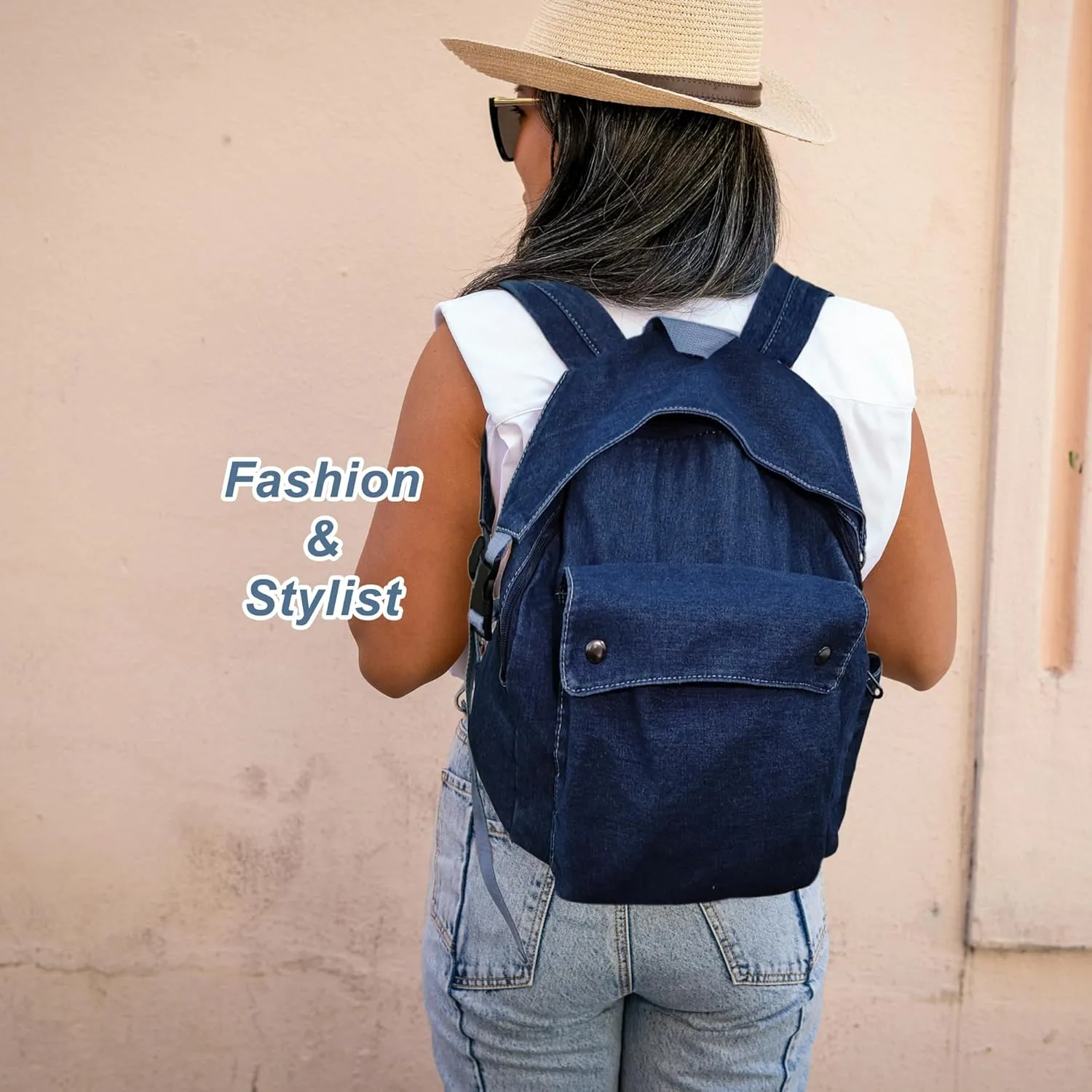 SoonerCozer Denim Backpack Purse for Women Lightweight Jeans Canvas Rucksack Classic Retro Travel Women Daypack (Deep Blue)