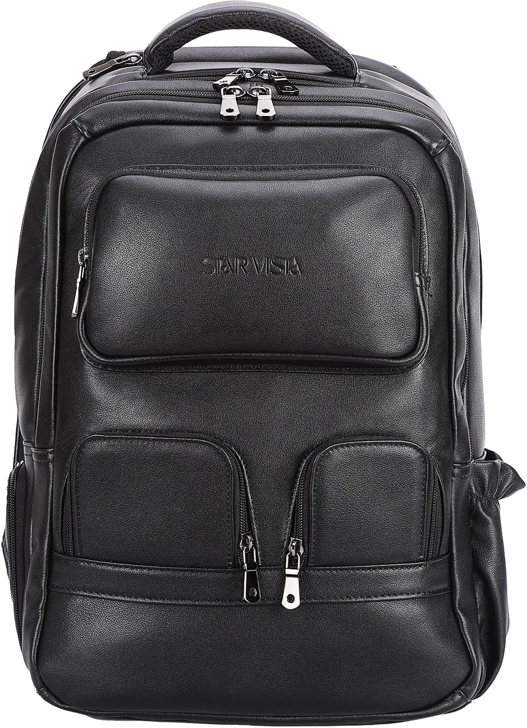 STAR VISTA 15.6" Raphael Calfskin Leather Laptop Backpack, Multi Pockets, Casual Outdoor Business Travel Rucksack, YKK Zippers, Black