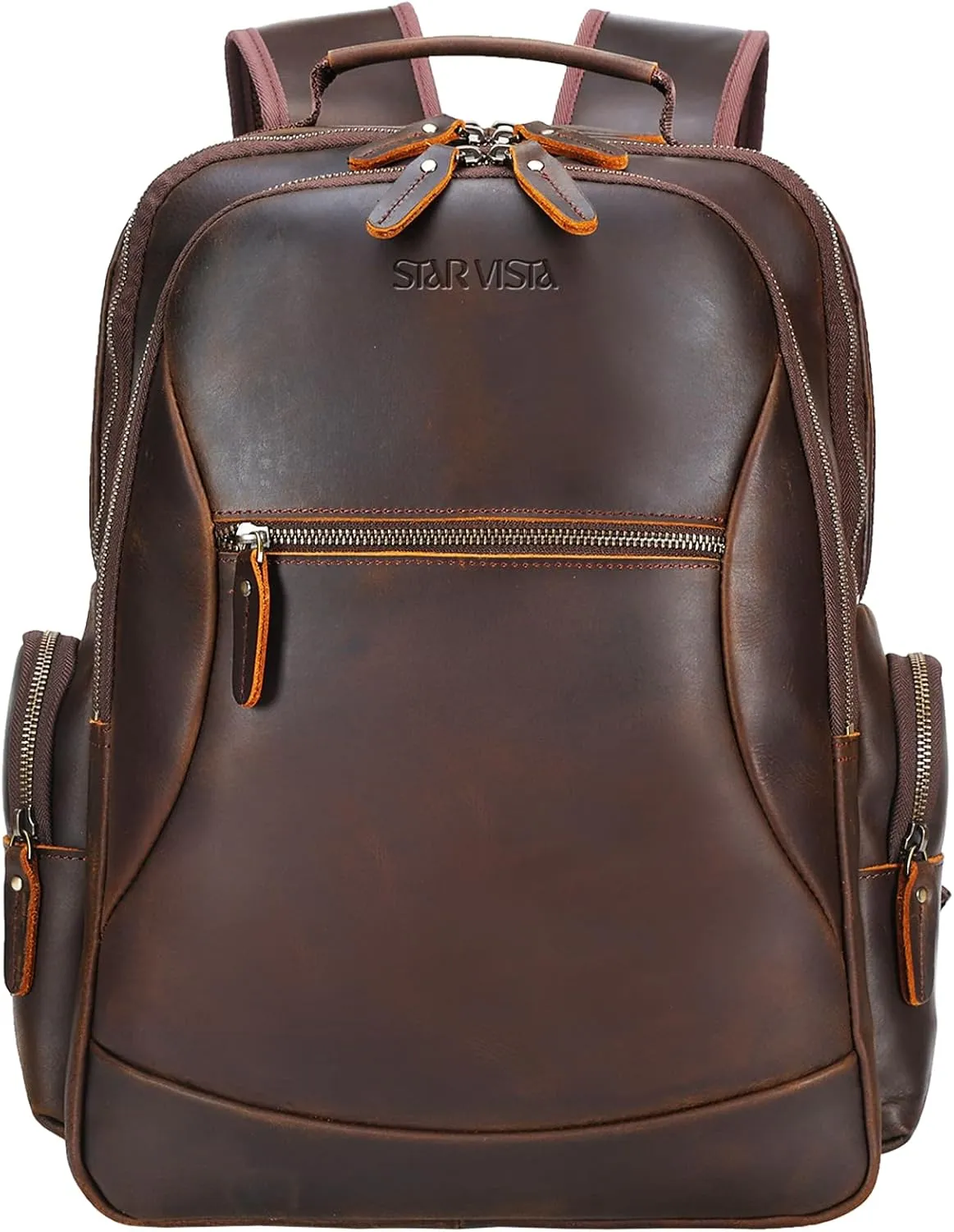 STAR VISTA Nettuno15.6 Vintage Full Grain Leather Laptop Backpack for Men, Multi Pockets, Casual Outdoor Business Travel Rucksack, YKK Zippers