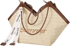 Straw Beach Tote Bag for Women, Summer Woven Tote Bags with Zipper, Portable Shoulder Vacation Purse Handbags
