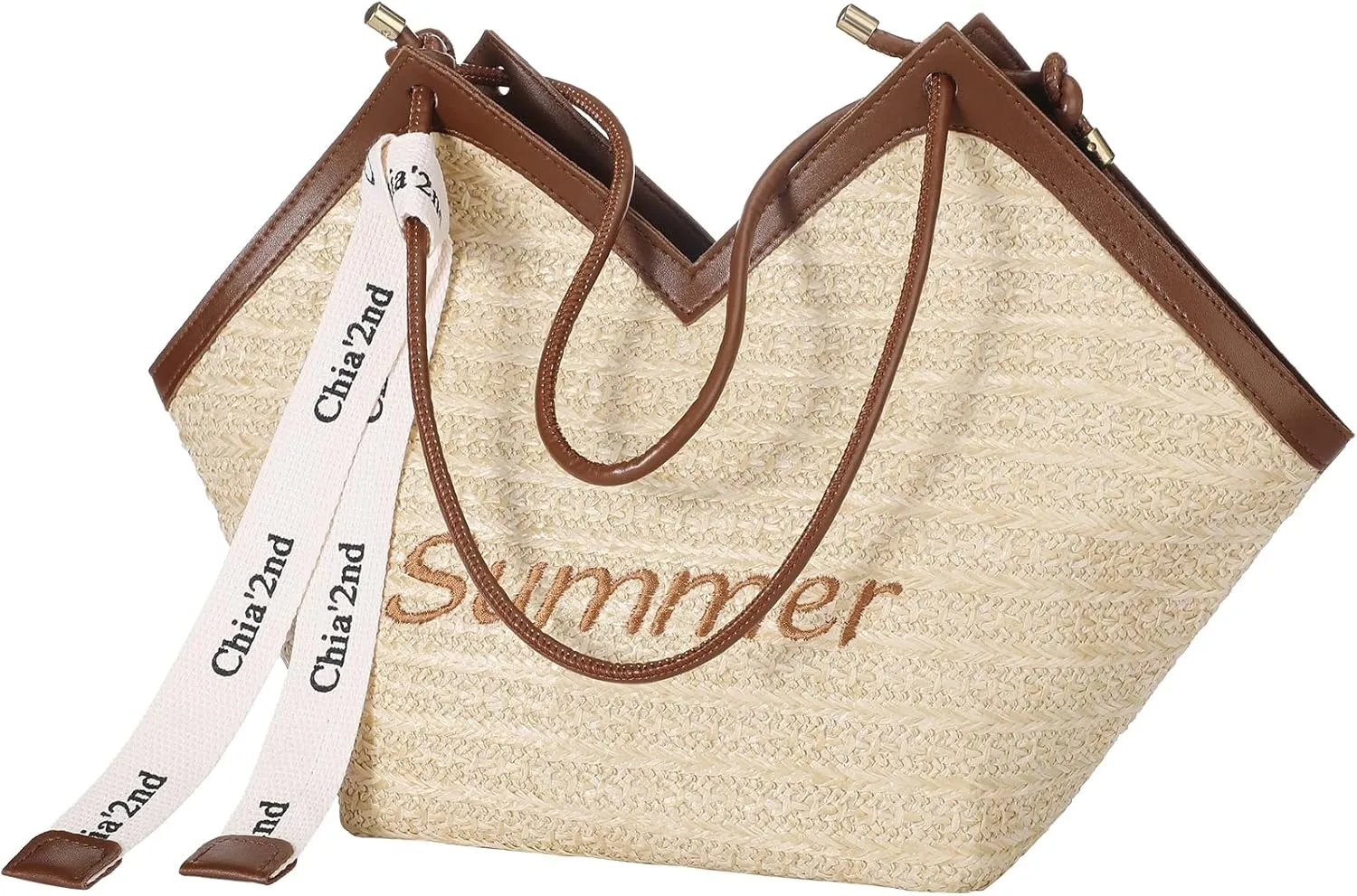 Straw Beach Tote Bag for Women, Summer Woven Tote Bags with Zipper, Portable Shoulder Vacation Purse Handbags