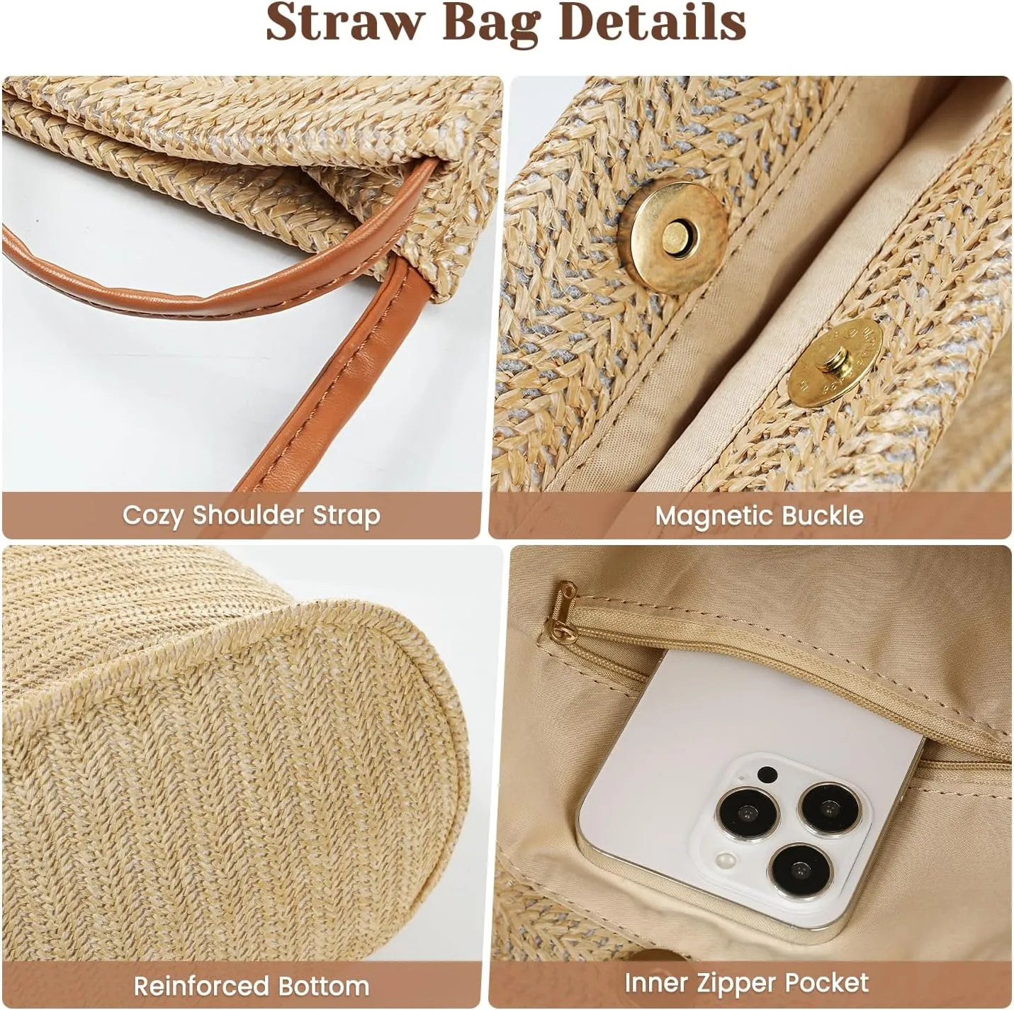 Tavaleu Straw Beach Bags for Women, Tote Handbag Shoulder Bag for Women, Beach Straw Purse Buckets Summer Fashion Hobo Bags