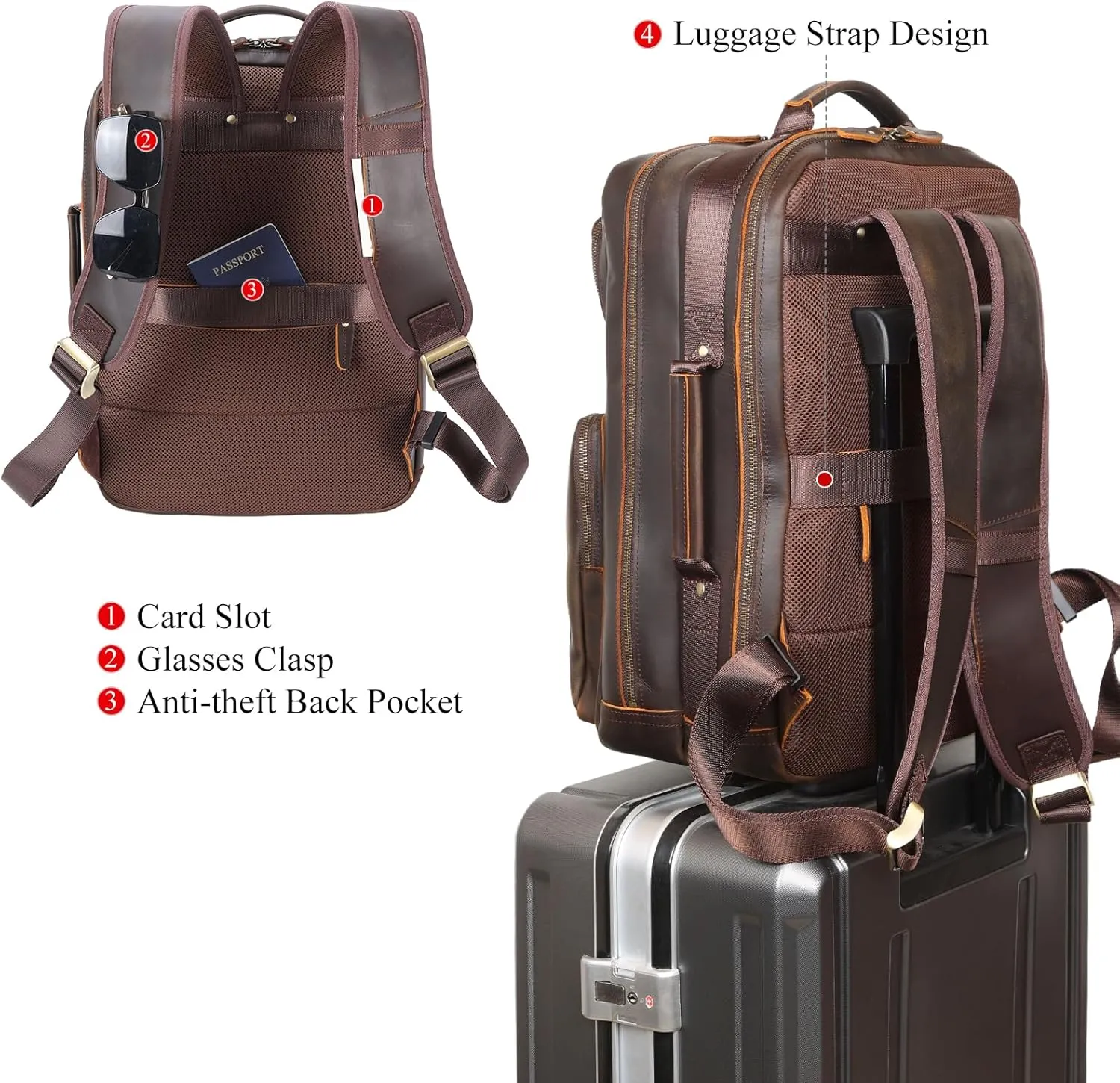 TIDING 17.3" Full Grain Leather Laptop Backpack for Men Multi Pockets Casual Daypack Business Travel Rucksack