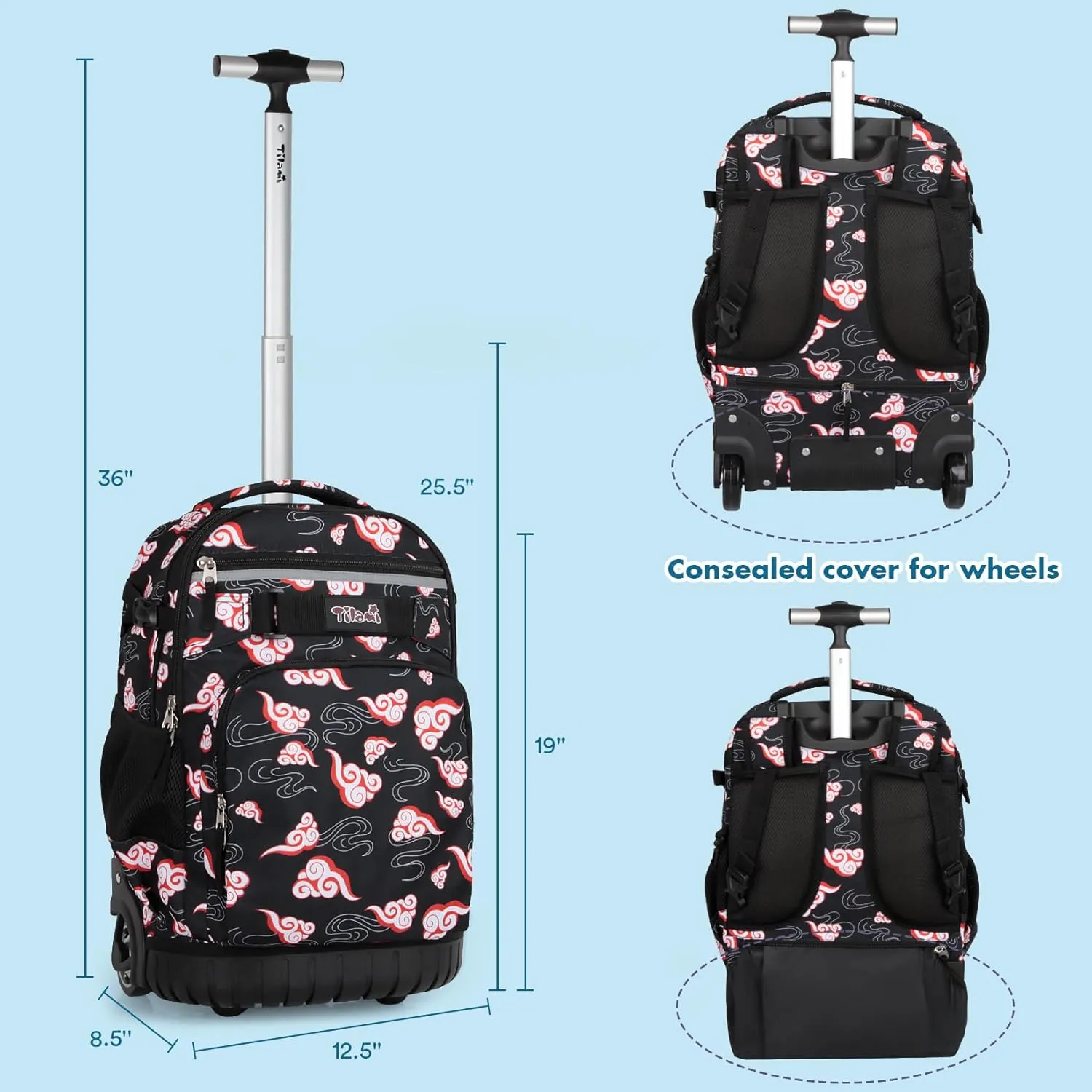 Tilami Rolling Backpack for Kids 18 Inch Wheeled Bookbag for Boys & Girls for School & Travel,Clouds Black
