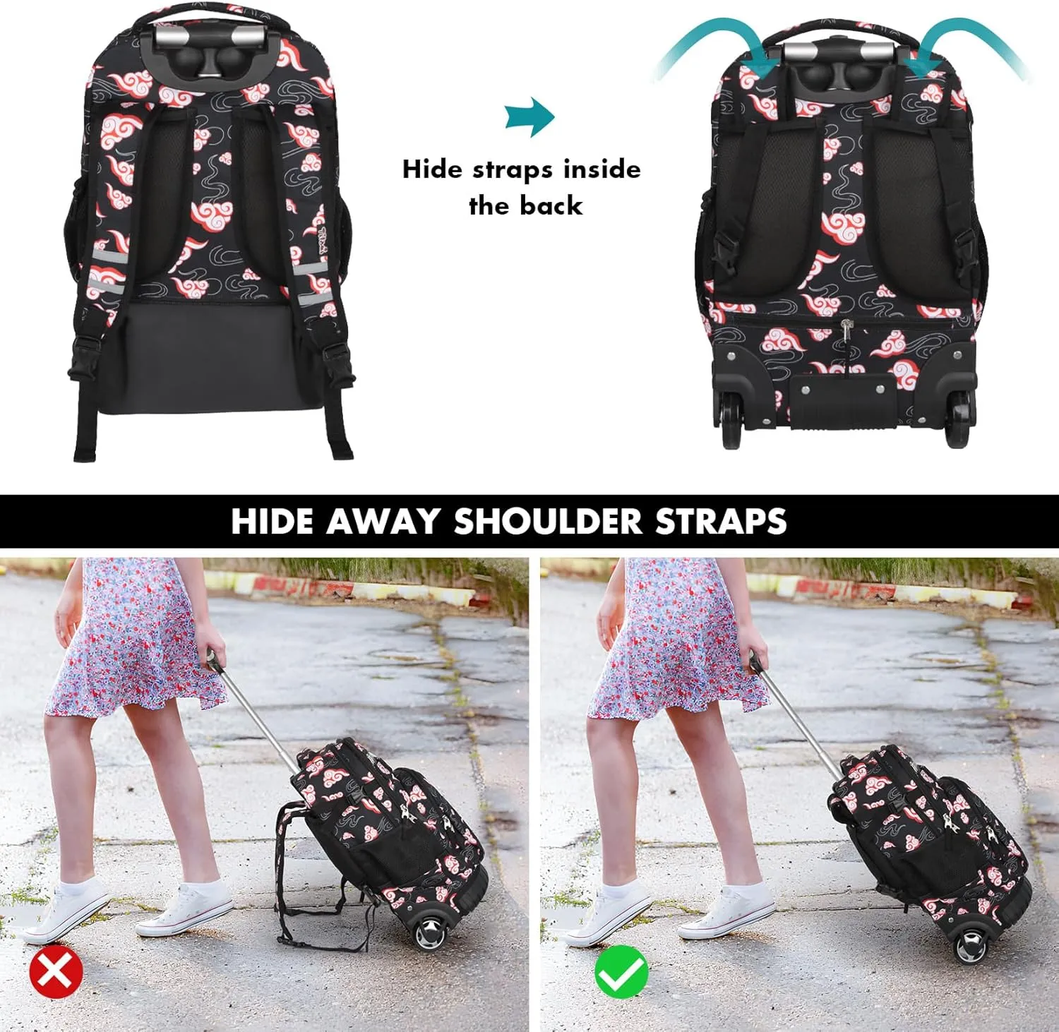 Tilami Rolling Backpack for Kids 18 Inch Wheeled Bookbag for Boys & Girls for School & Travel,Clouds Black
