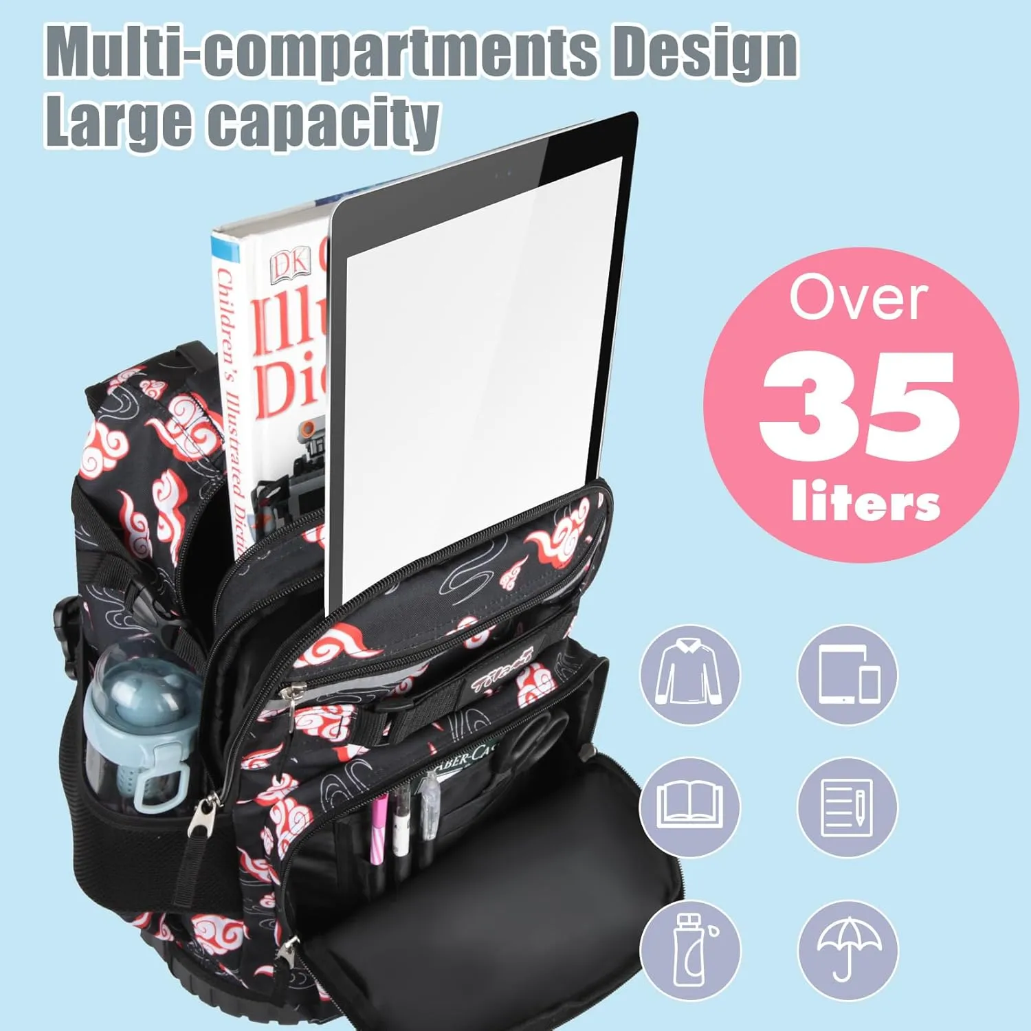 Tilami Rolling Backpack for Kids 18 Inch Wheeled Bookbag for Boys & Girls for School & Travel,Clouds Black