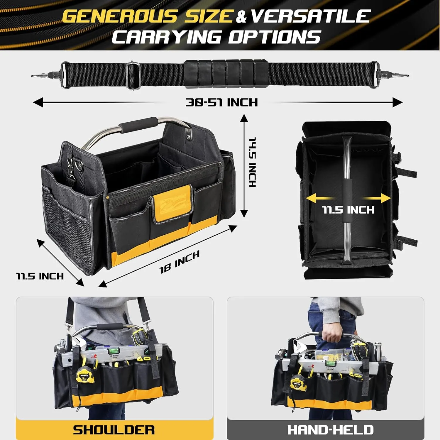 Tool Bag 18 Inch Heavy Duty, Electrician Tool Bag with 30 Pockets, 1680D Waterproof Fabric, Foldable with Rotating Handle, Reflective Tool Organizer for Men, Yellow