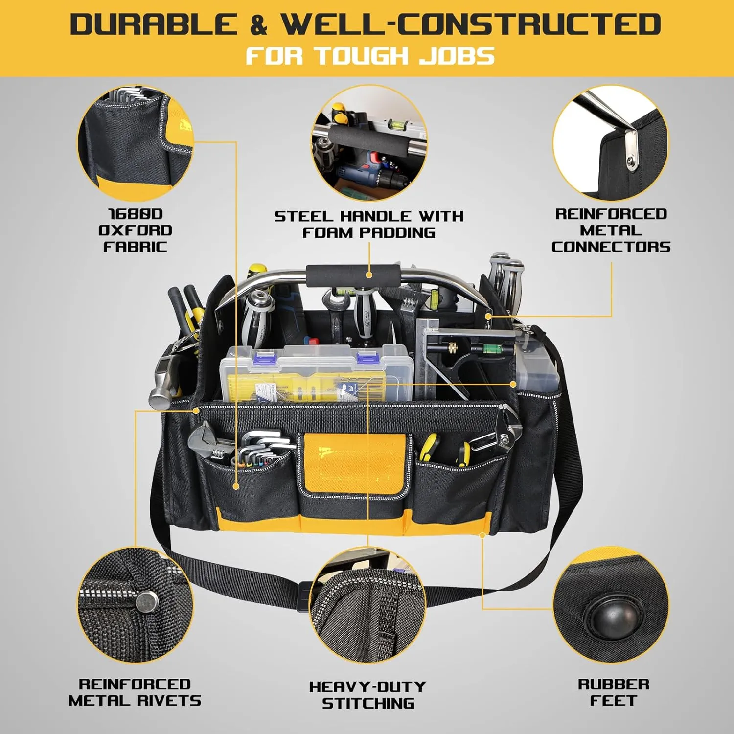 Tool Bag 18 Inch Heavy Duty, Electrician Tool Bag with 30 Pockets, 1680D Waterproof Fabric, Foldable with Rotating Handle, Reflective Tool Organizer for Men, Yellow