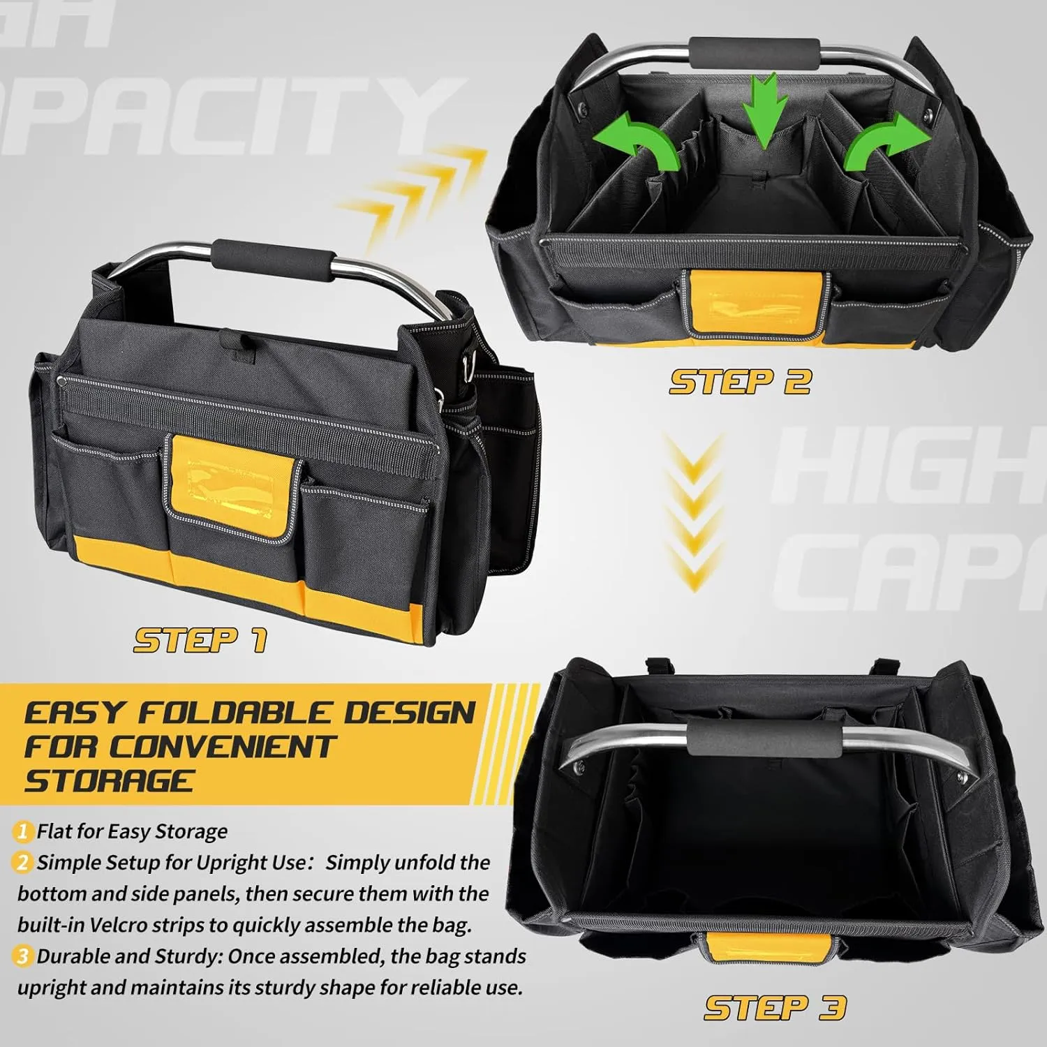 Tool Bag 18 Inch Heavy Duty, Electrician Tool Bag with 30 Pockets, 1680D Waterproof Fabric, Foldable with Rotating Handle, Reflective Tool Organizer for Men, Yellow