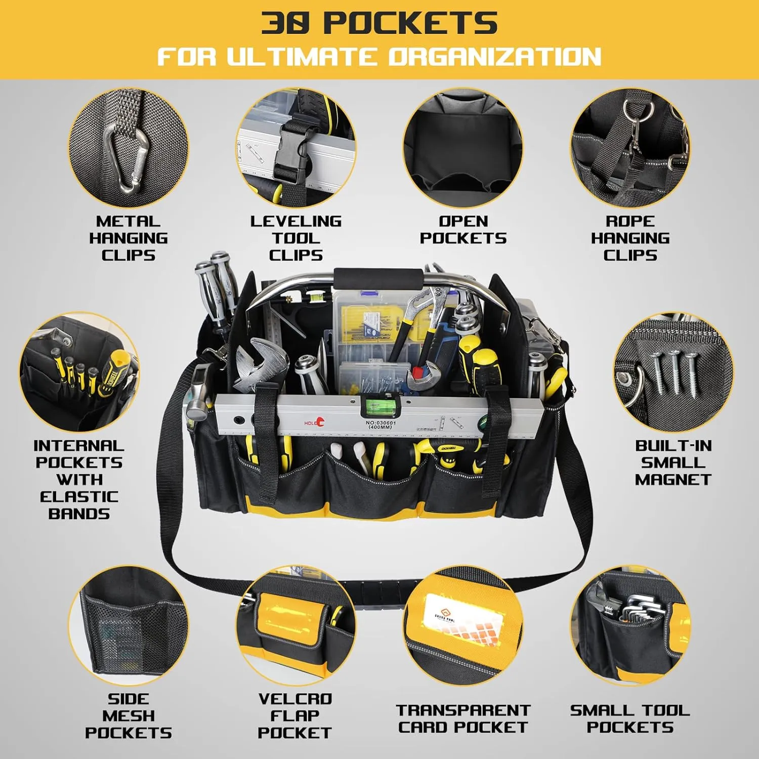 Tool Bag 18 Inch Heavy Duty, Electrician Tool Bag with 30 Pockets, 1680D Waterproof Fabric, Foldable with Rotating Handle, Reflective Tool Organizer for Men, Yellow