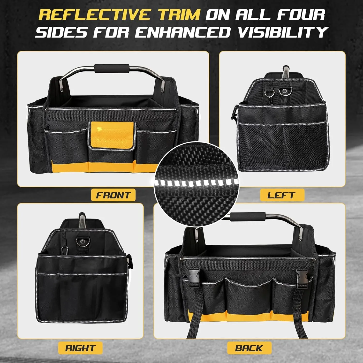 Tool Bag 18 Inch Heavy Duty, Electrician Tool Bag with 30 Pockets, 1680D Waterproof Fabric, Foldable with Rotating Handle, Reflective Tool Organizer for Men, Yellow