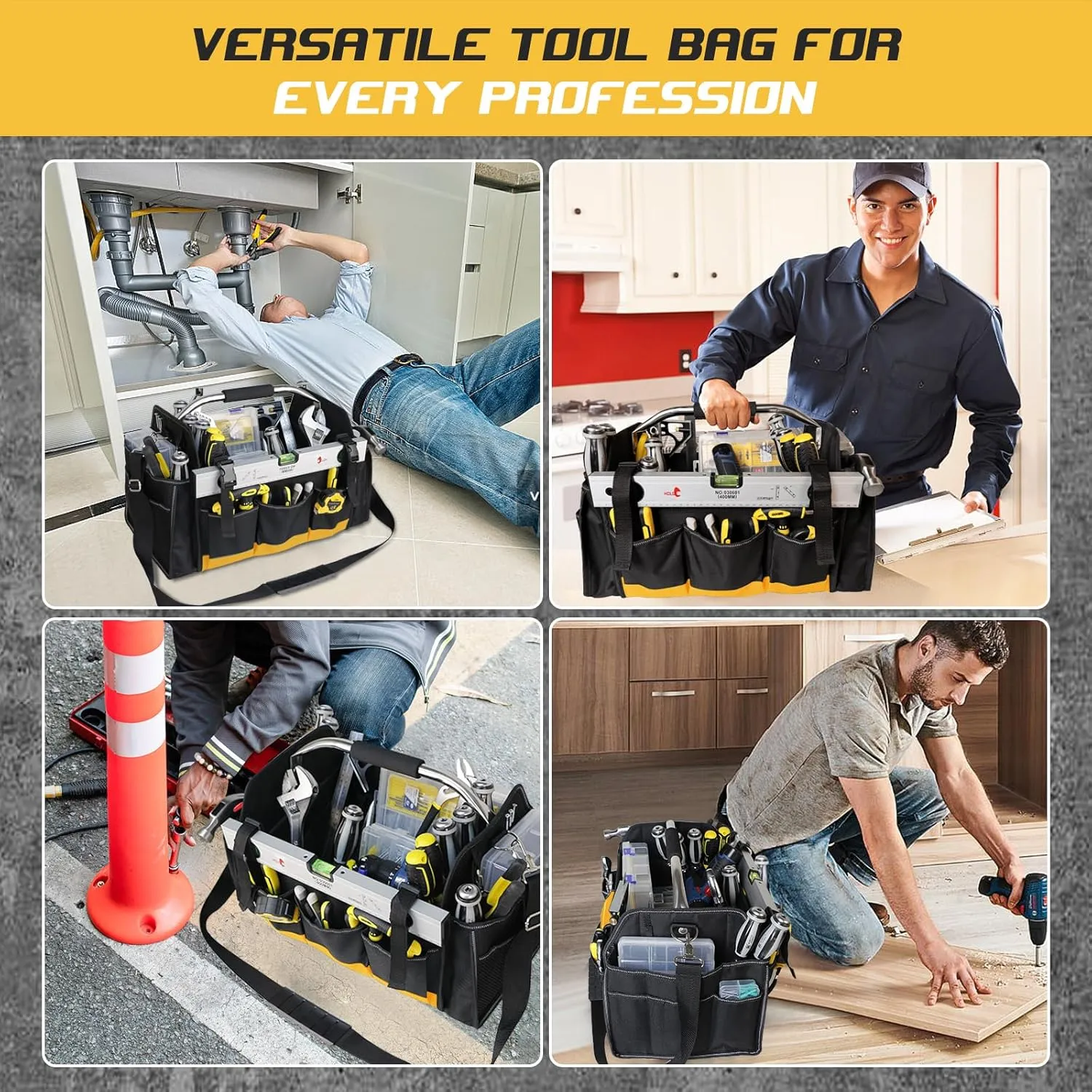 Tool Bag 18 Inch Heavy Duty, Electrician Tool Bag with 30 Pockets, 1680D Waterproof Fabric, Foldable with Rotating Handle, Reflective Tool Organizer for Men, Yellow