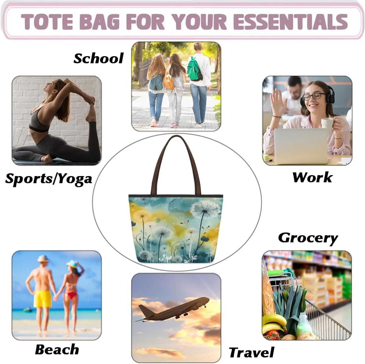 Tote Bag for Women with Zipper Large Capacity Top Handle Casual Shoulder Bag Handbag Reusable Shopping