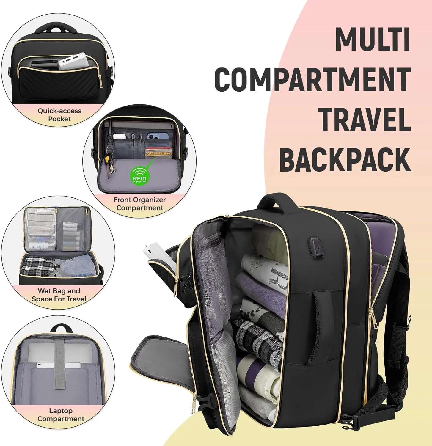 Travel Backpack for Women Men, Flight Approved Carry on Backpack, Large Expandable Suitcase Bag, 17.3 Inch Laptop Backpack for Weekender Business Camping Hiking,Black