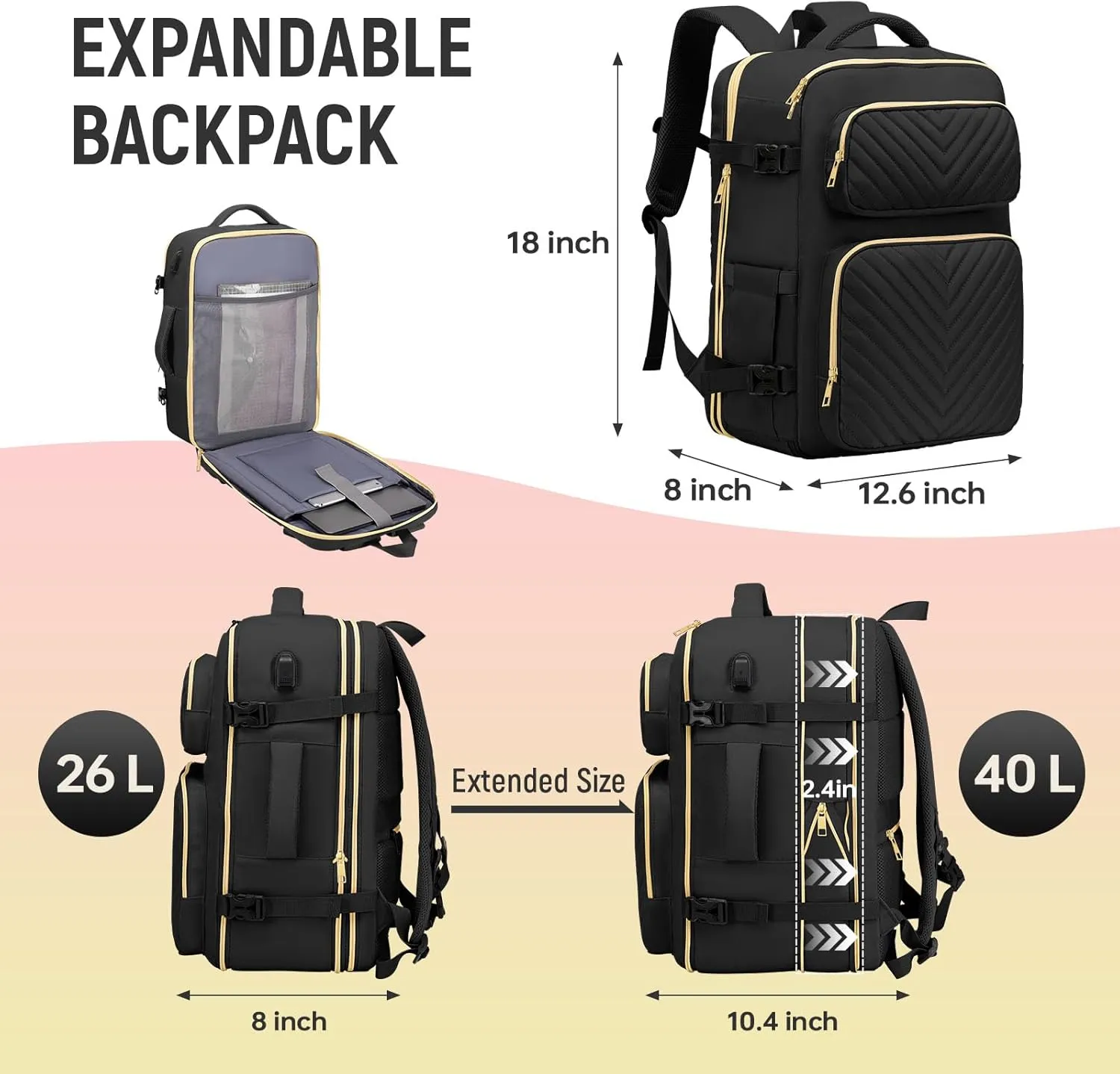 Travel Backpack for Women Men, Flight Approved Carry on Backpack, Large Expandable Suitcase Bag, 17.3 Inch Laptop Backpack for Weekender Business Camping Hiking,Black