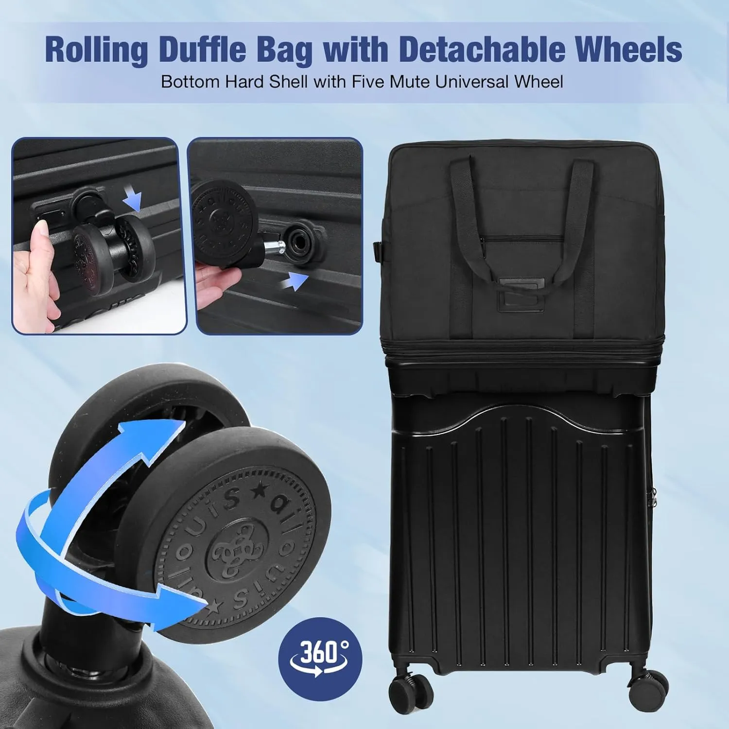 Travel Bag with Removable Wheels Expandable Collapsible Rolling Travel Luggage Foldable Duffel Bag Large Capacity Suitcase for Men Women (Black)