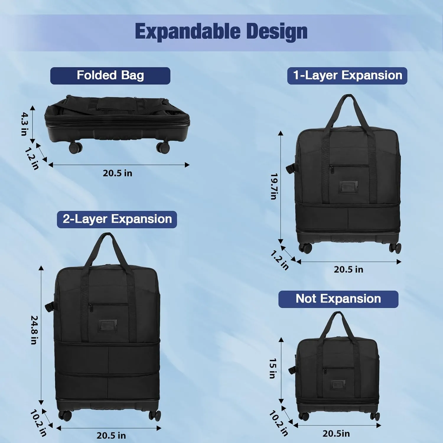 Travel Bag with Removable Wheels Expandable Collapsible Rolling Travel Luggage Foldable Duffel Bag Large Capacity Suitcase for Men Women (Black)