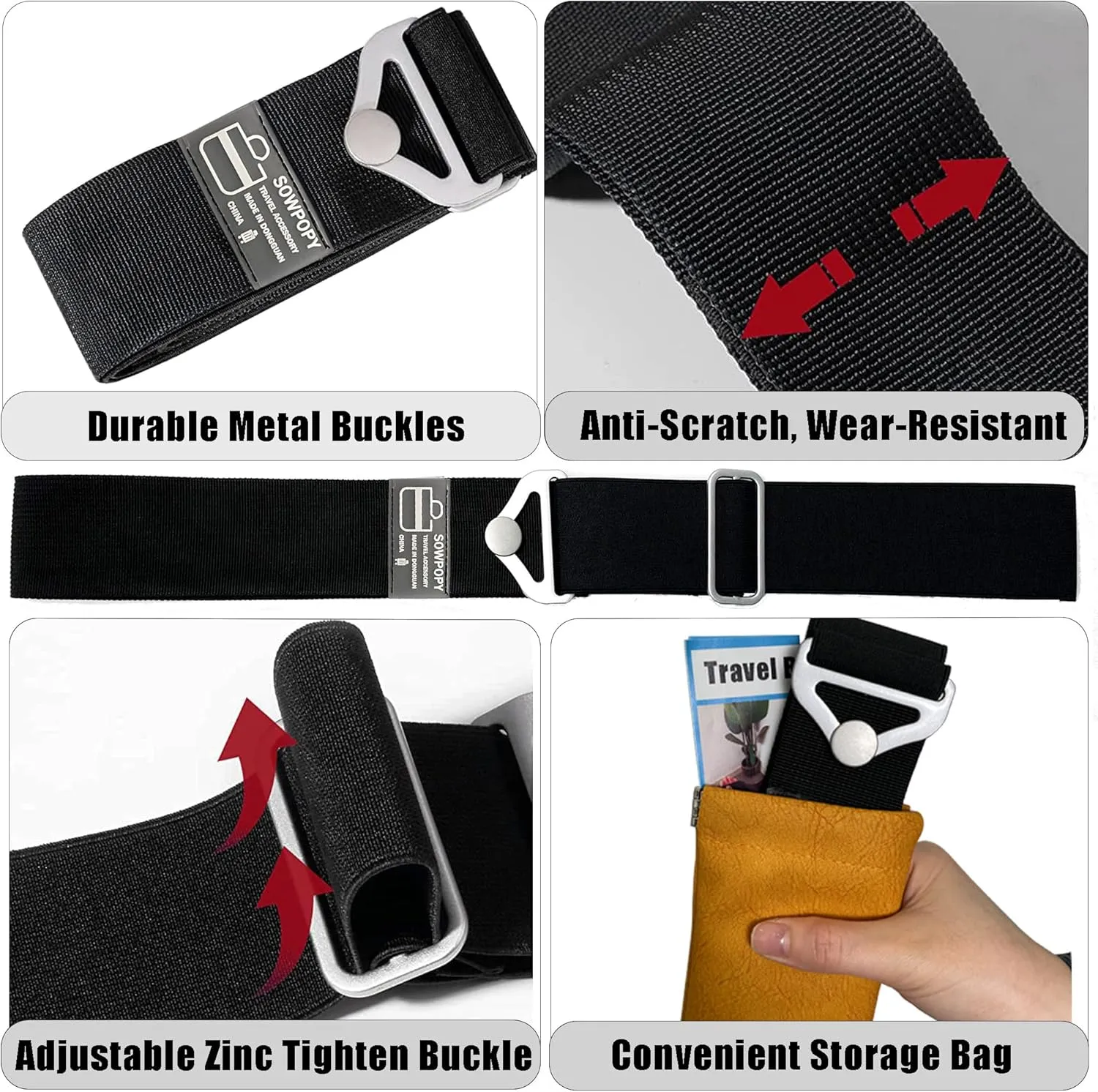 Travel Belt for Luggage, Add a Bag Luggage Straps Suitcase Travel Belt Over Handle for Carry On Bag, Adjustable 2-in-1 Elastic Luggage Belt Bag Bungee Travel Essential Accessories