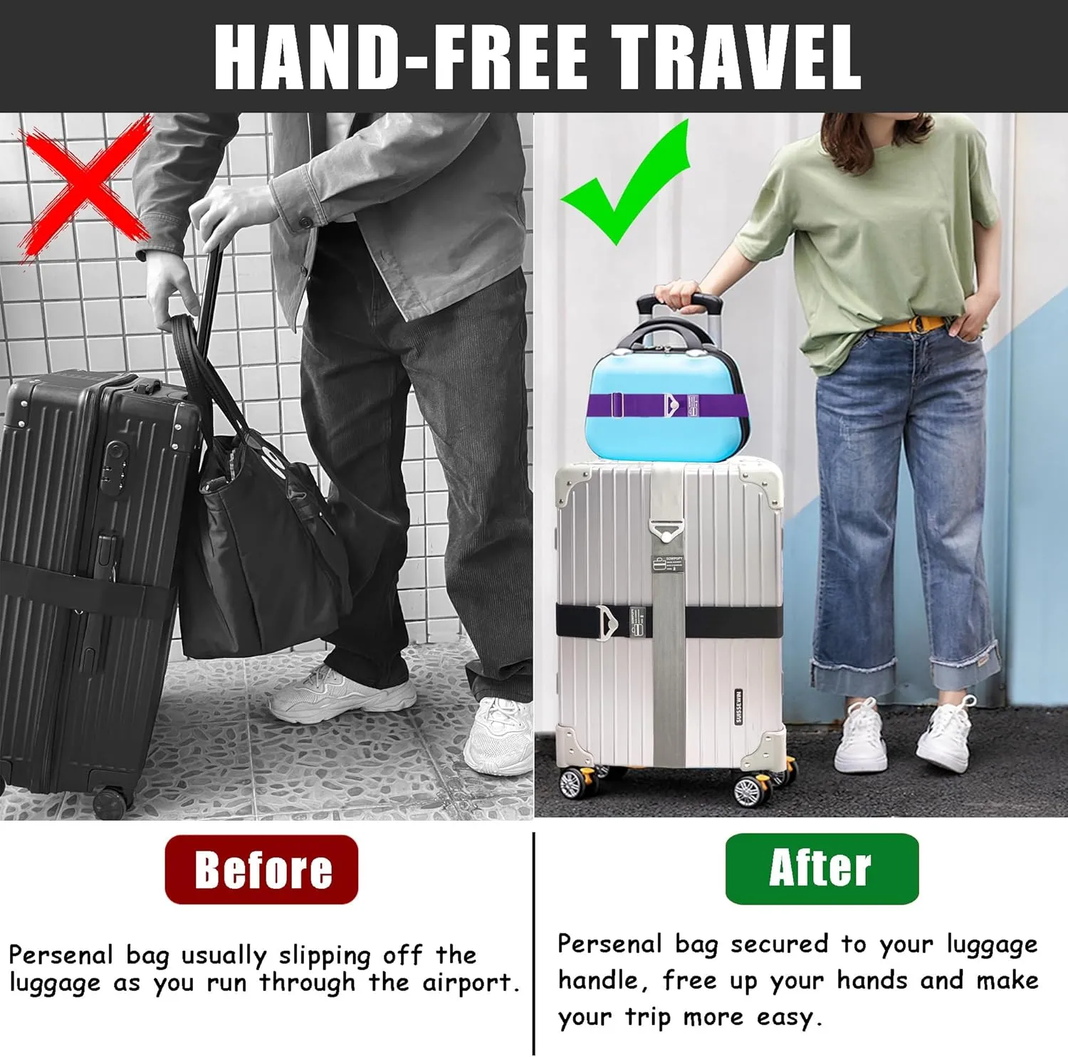 Travel Belt for Luggage, Add a Bag Luggage Straps Suitcase Travel Belt Over Handle for Carry On Bag, Adjustable 2-in-1 Elastic Luggage Belt Bag Bungee Travel Essential Accessories