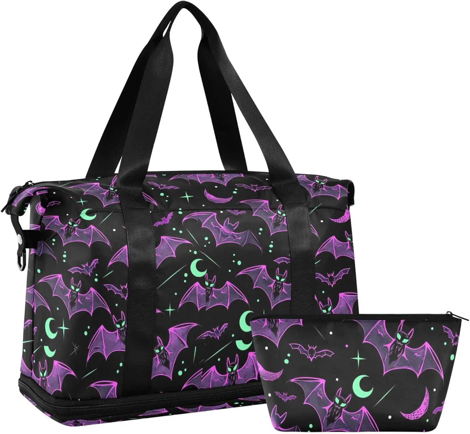 Travel Duffel Tote Bag Neon Purple and Bats Stars and Moons Sports Duffel Bag with Wet Pocket Weekender Overnight Bag for Women Men Gym Bag, Carry On Bag Hospital Bag for Labor and Delivery
