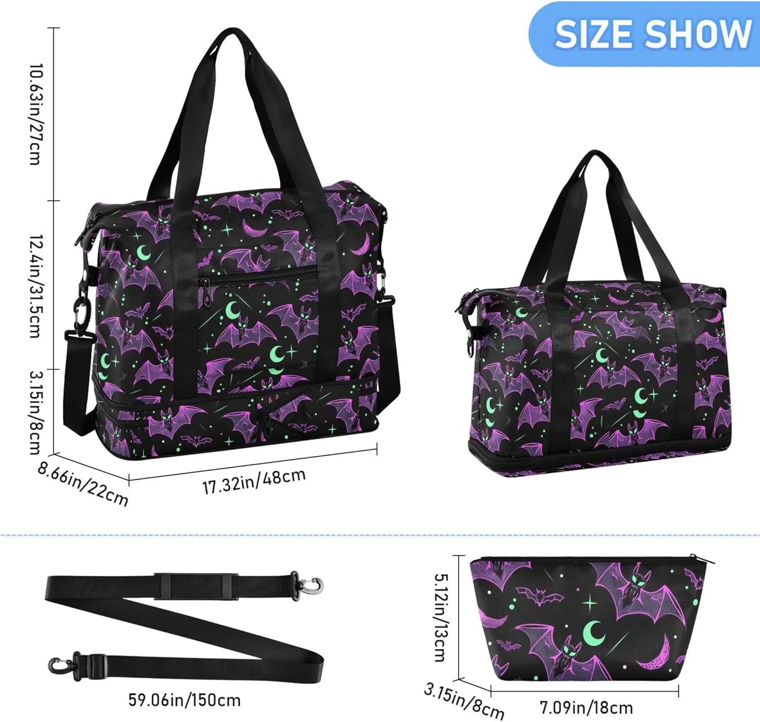 Travel Duffel Tote Bag Neon Purple and Bats Stars and Moons Sports Duffel Bag with Wet Pocket Weekender Overnight Bag for Women Men Gym Bag, Carry On Bag Hospital Bag for Labor and Delivery