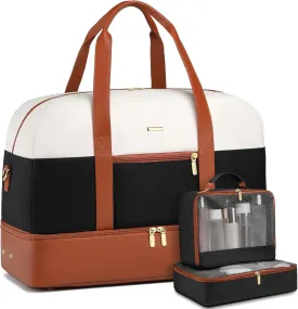 Travel Duffle Weekender Bag Women: Large Carry on Bags with Shoe Compartment Overnight Weekend Duffel Bag Womens Mom Hospital Gym Travel Bags for Labor and Delivery White-Black-Brown