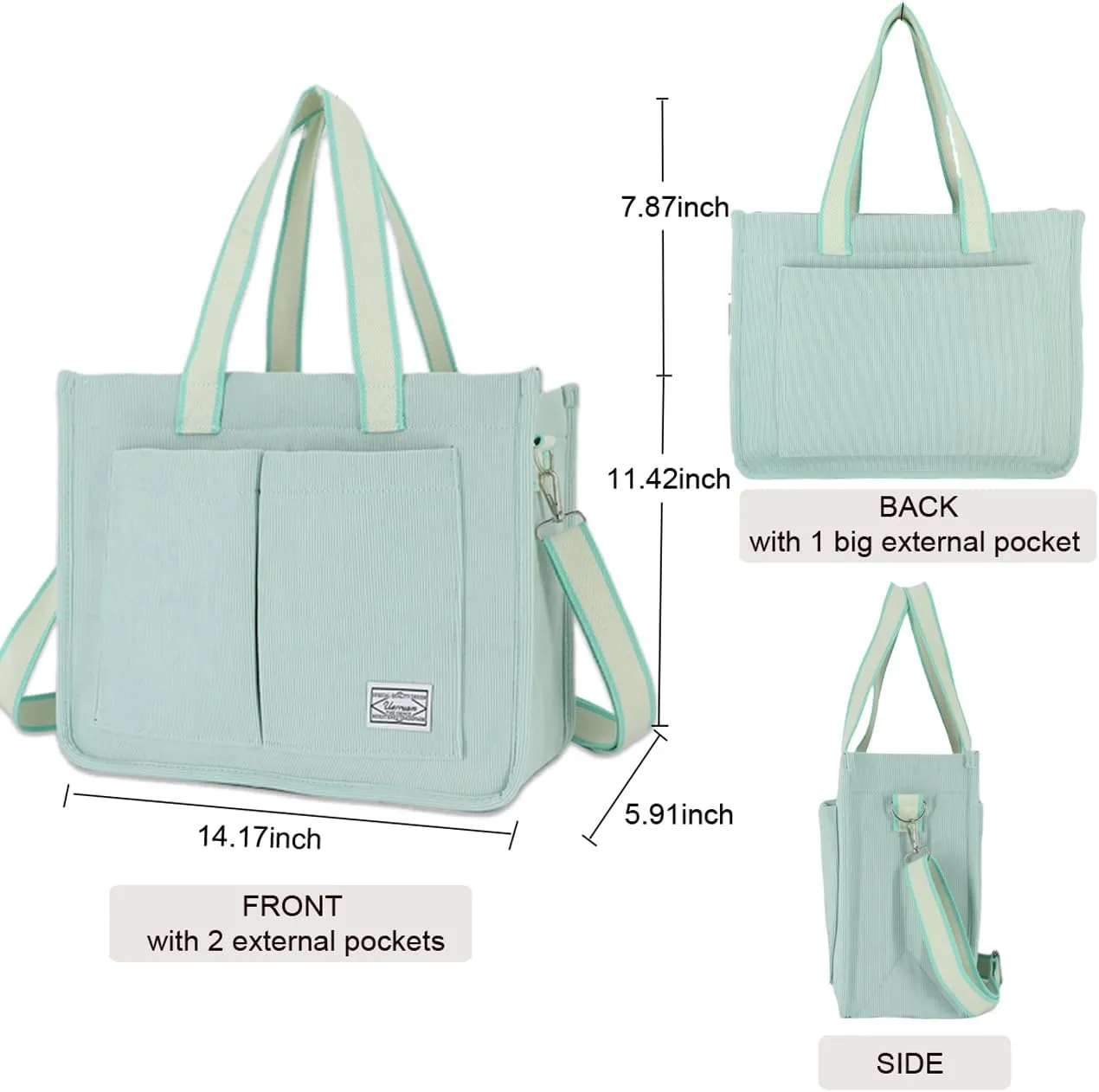 UERRUAM Tote Bag for Women with Pockets,Large Corduroy Crossbody Purse for Laptop,Work,College,Everyday,Travel