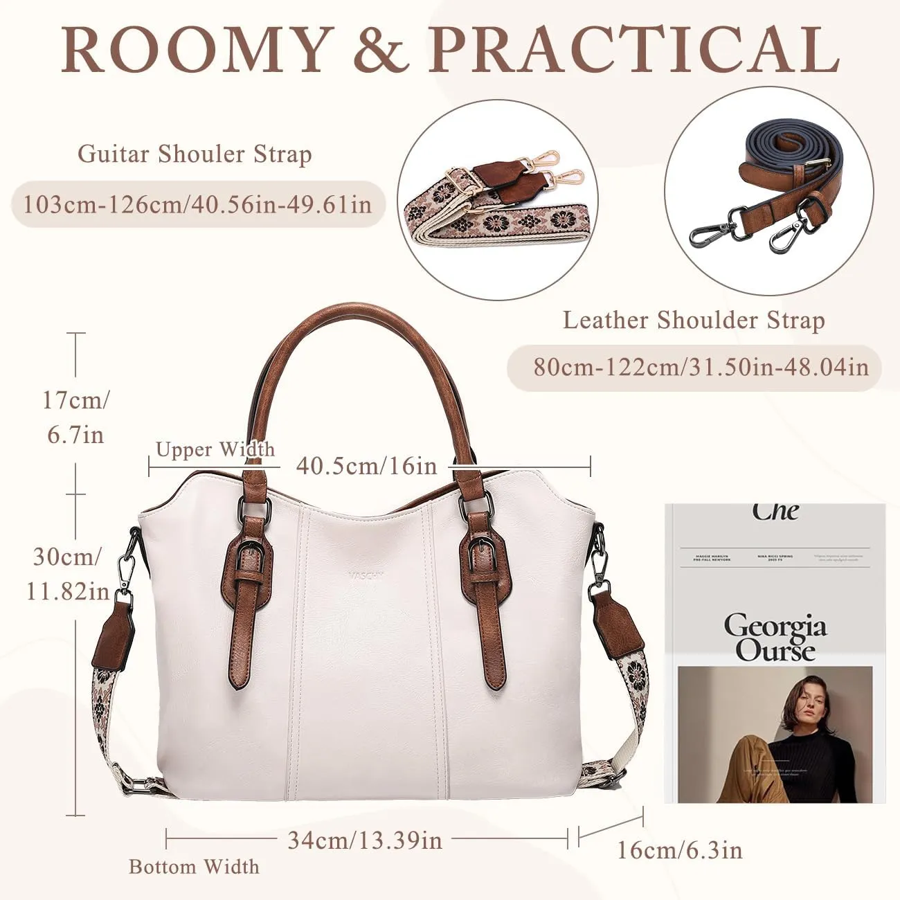 VASCHY Hobo Bags for Women, Vegan Leather Top Handle Satchel Shoulder Purse Handbag Purse with Crossbody Guitar Strap