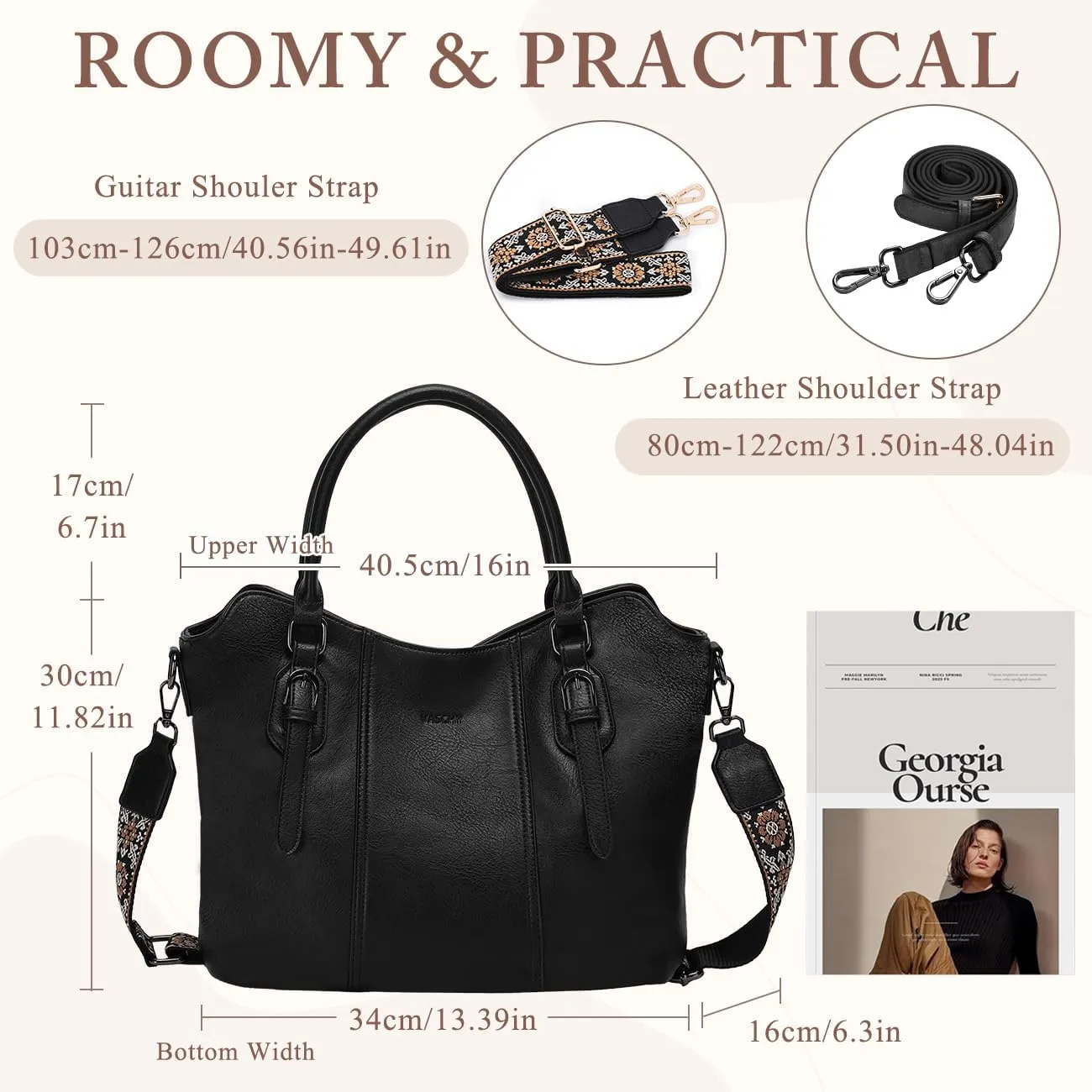 VASCHY Hobo Bags for Women, Vegan Leather Top Handle Satchel Shoulder Purse Handbag Purse with Crossbody Guitar Strap