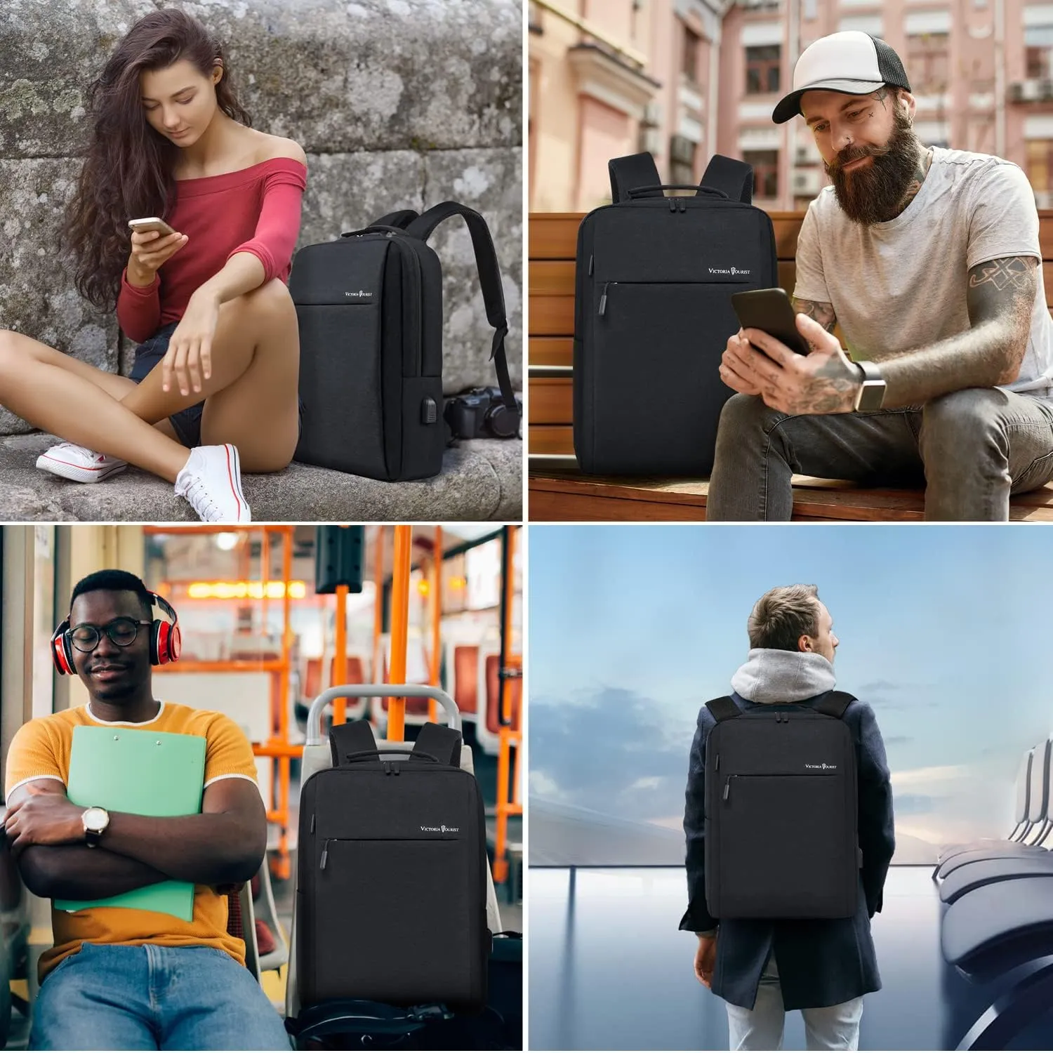 Victoriatourist Laptop Backpack, Business Slim Durable Travel Water Resistant Backpacks with USB Charging Port, College Bookbag Computer Bag Gifts for Men Women Fits 15.6 Inch Notebook(Black)