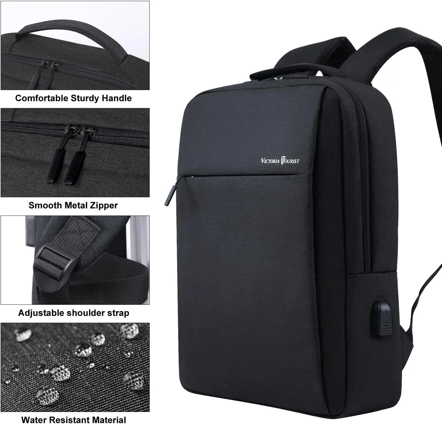 Victoriatourist Laptop Backpack, Business Slim Durable Travel Water Resistant Backpacks with USB Charging Port, College Bookbag Computer Bag Gifts for Men Women Fits 15.6 Inch Notebook(Black)