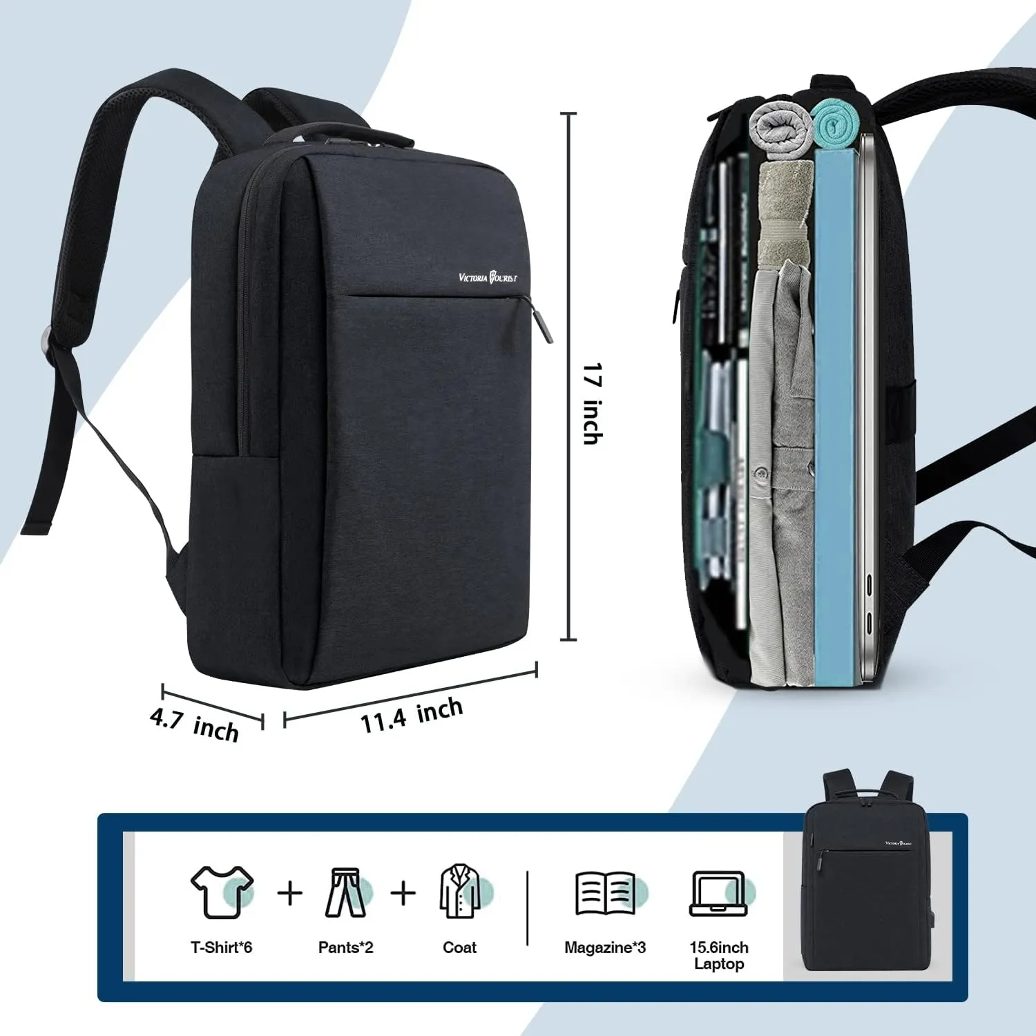 Victoriatourist Laptop Backpack, Business Slim Durable Travel Water Resistant Backpacks with USB Charging Port, College Bookbag Computer Bag Gifts for Men Women Fits 15.6 Inch Notebook(Black)