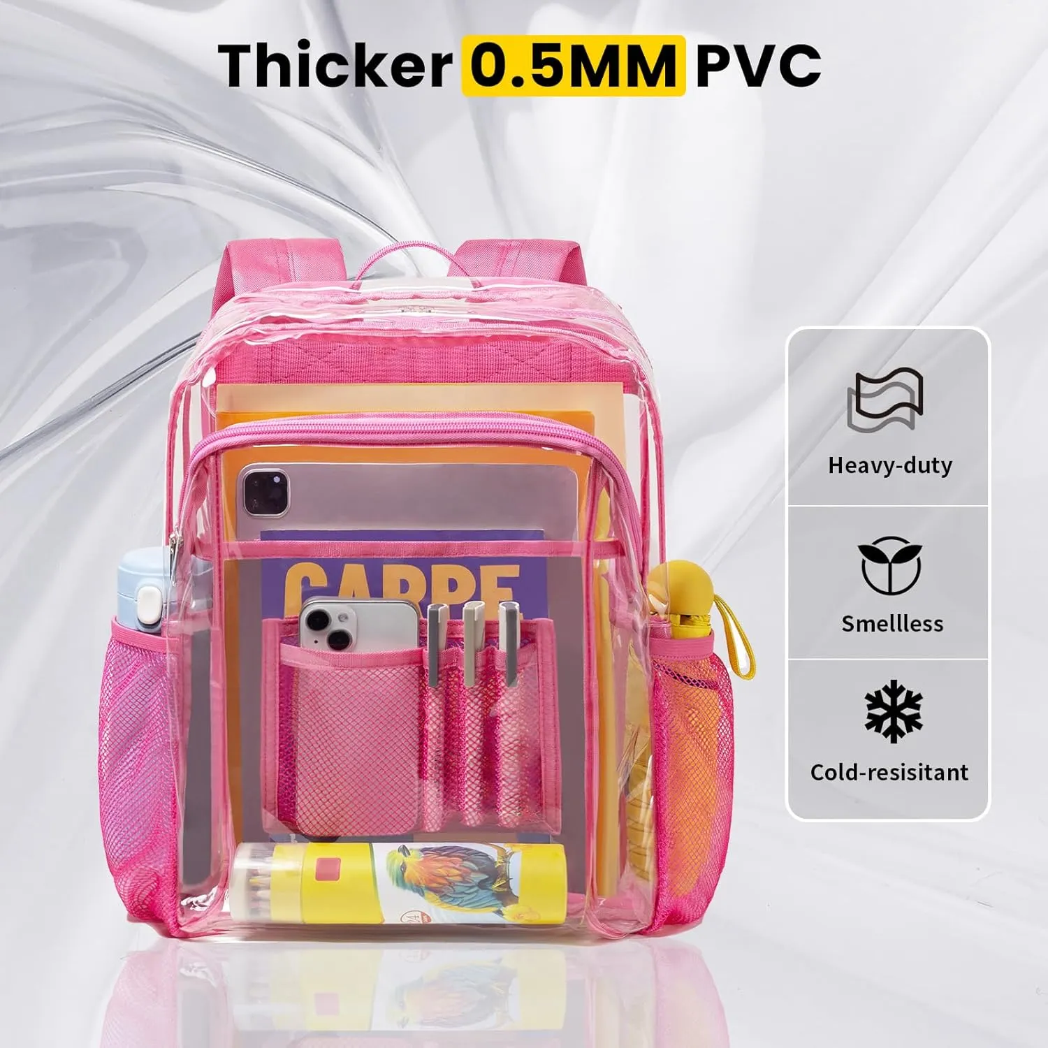 Vorspack Clear Backpack Heavy Duty - Clear Book Bag with Multi-pockets Large See Through Backpack for College Workplace - Pink
