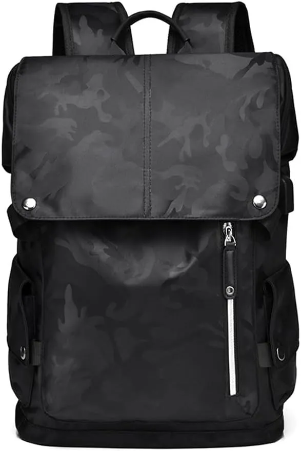 Waterproof laptop backpack, USB charging port computer bag, business travel daily backpack, Camouflage Black, 14 Inch