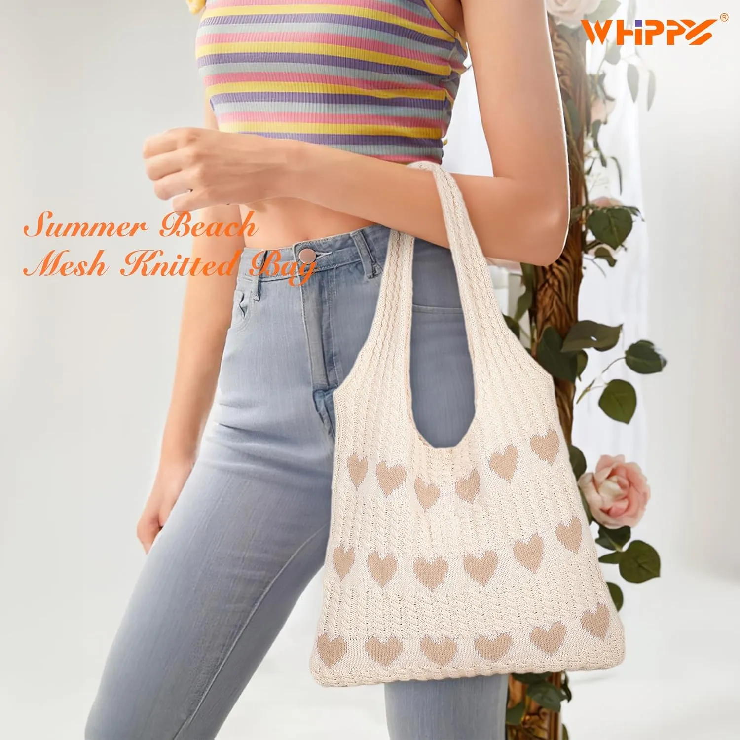 WHIPPY Crochet Tote Bag for Women Cute Crochet Mesh Beach Tote Summer Vacation Aesthetic Boho Knit Bag for Women Shoulder