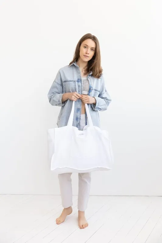 White linen beach bag