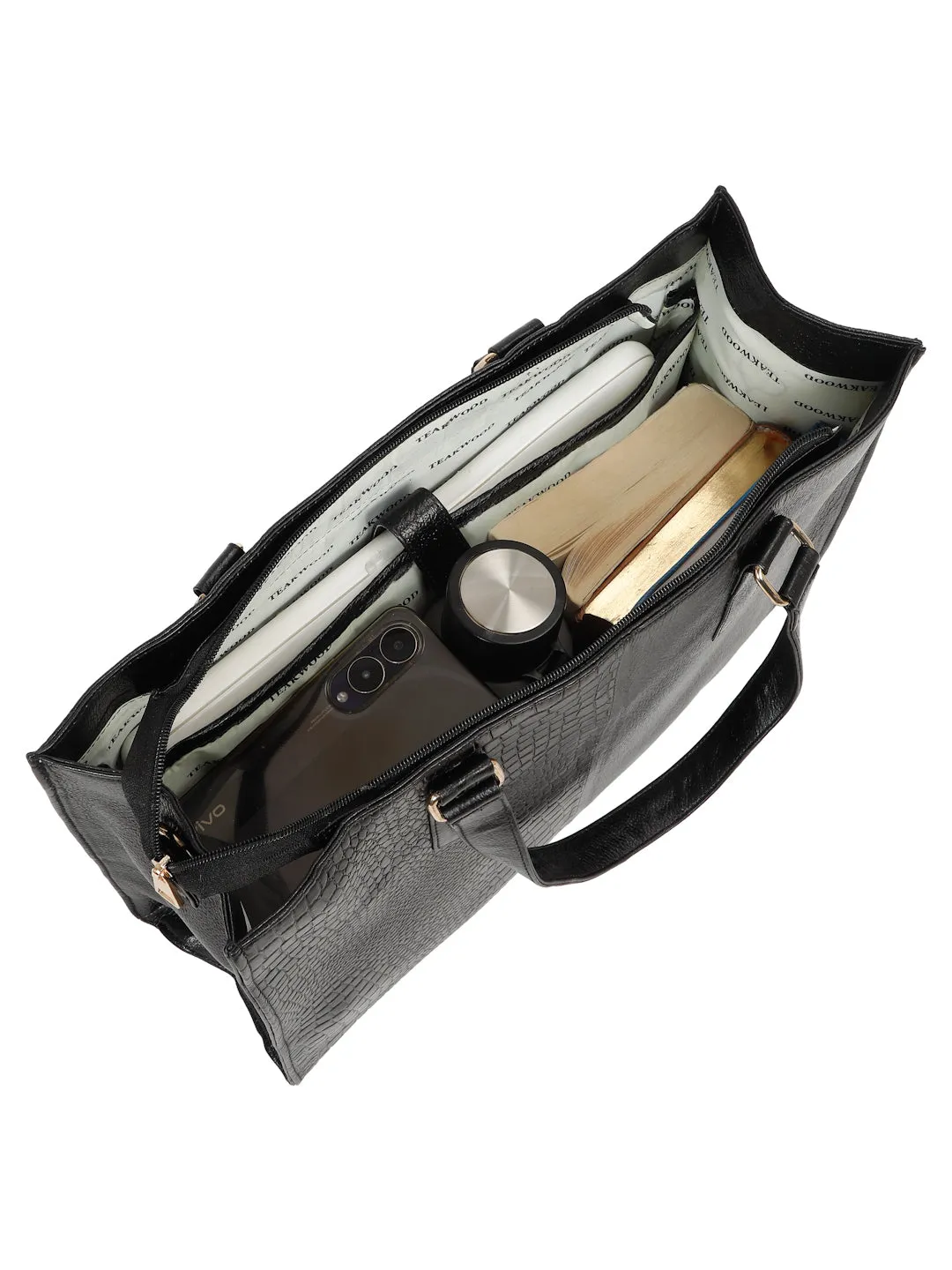 Women's Black Croco & Solid Leather Tote Bag