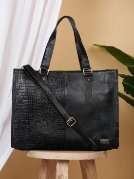 Women's Black Croco & Solid Leather Tote Bag