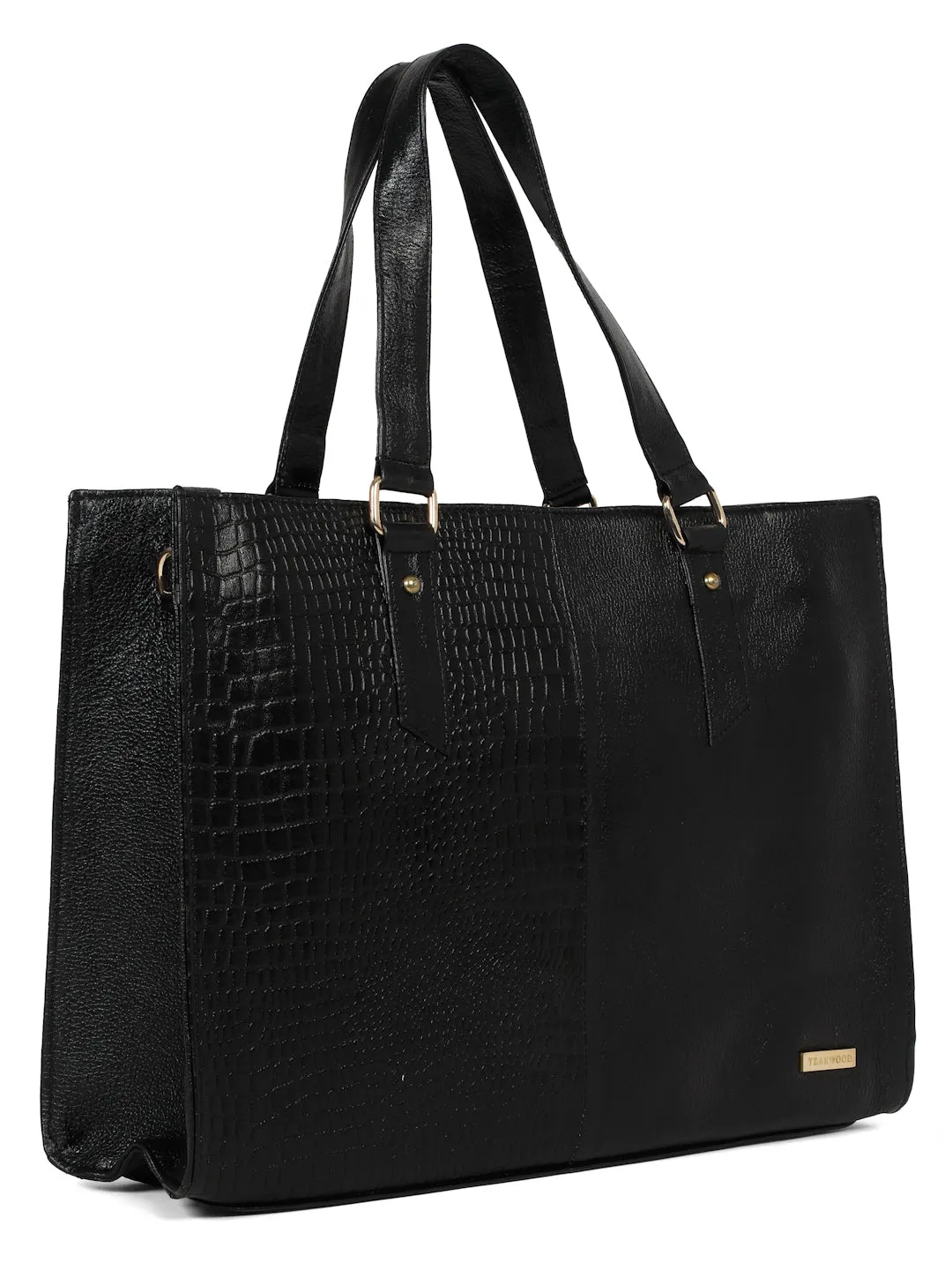 Women's Black Croco & Solid Leather Tote Bag