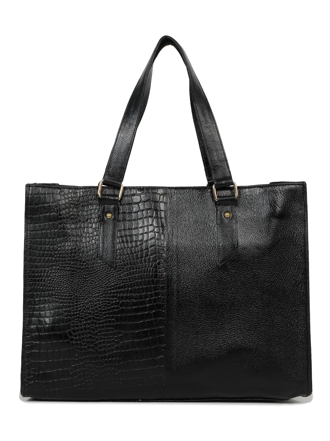 Women's Black Croco & Solid Leather Tote Bag