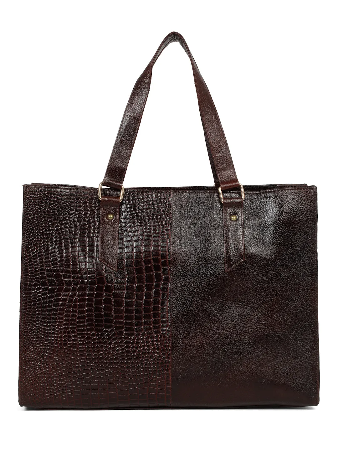 Women's Black Croco & Solid Leather Tote Bag