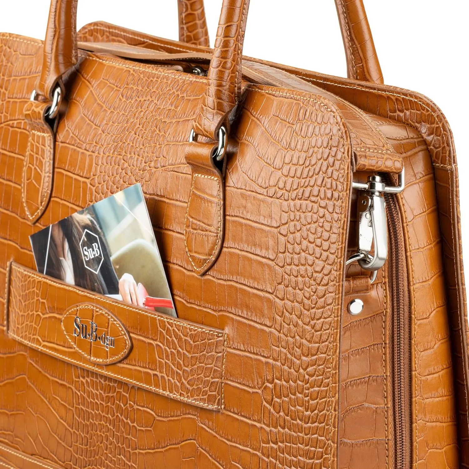 Womens Laptop Bag  Fits 14" and 13" Laptops, Croco Print Leather, Dutch Design, Made in Italy, with Trolley Strap