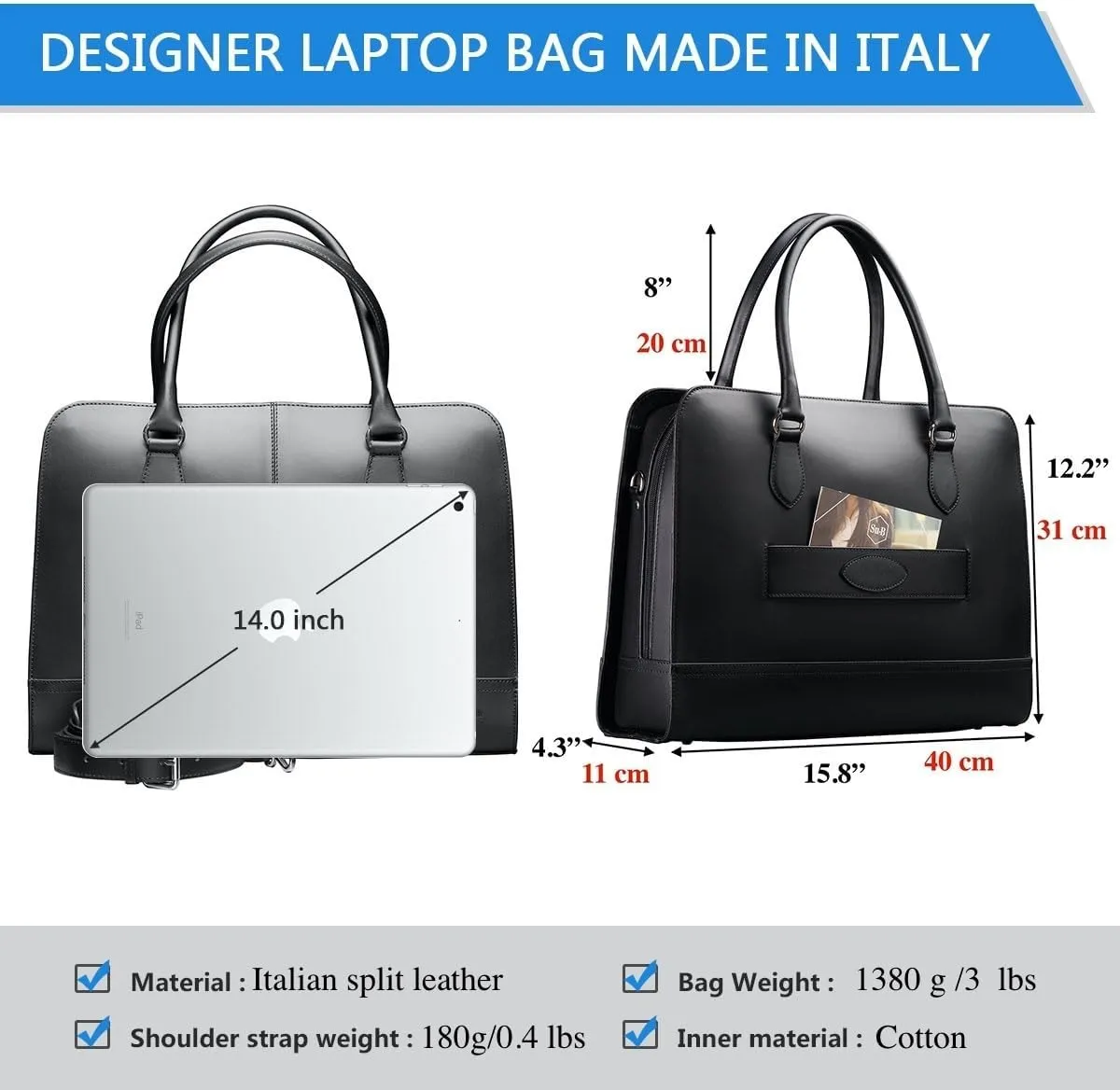 Womens Laptop Bag  Fits 14" and 13" Laptops, Croco Print Leather, Dutch Design, Made in Italy, with Trolley Strap